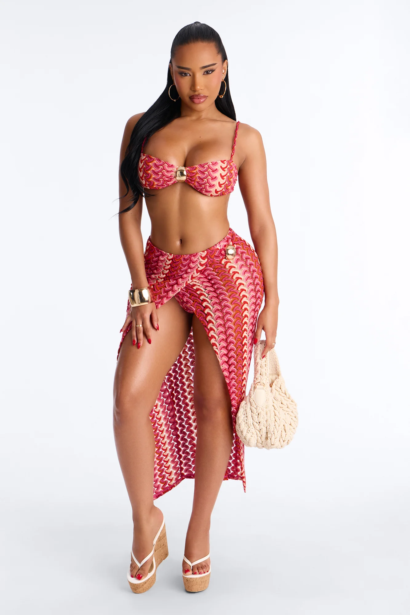 Jazzlyn Abstract 3 Piece Bikini Skirt Set - Pink/combo
