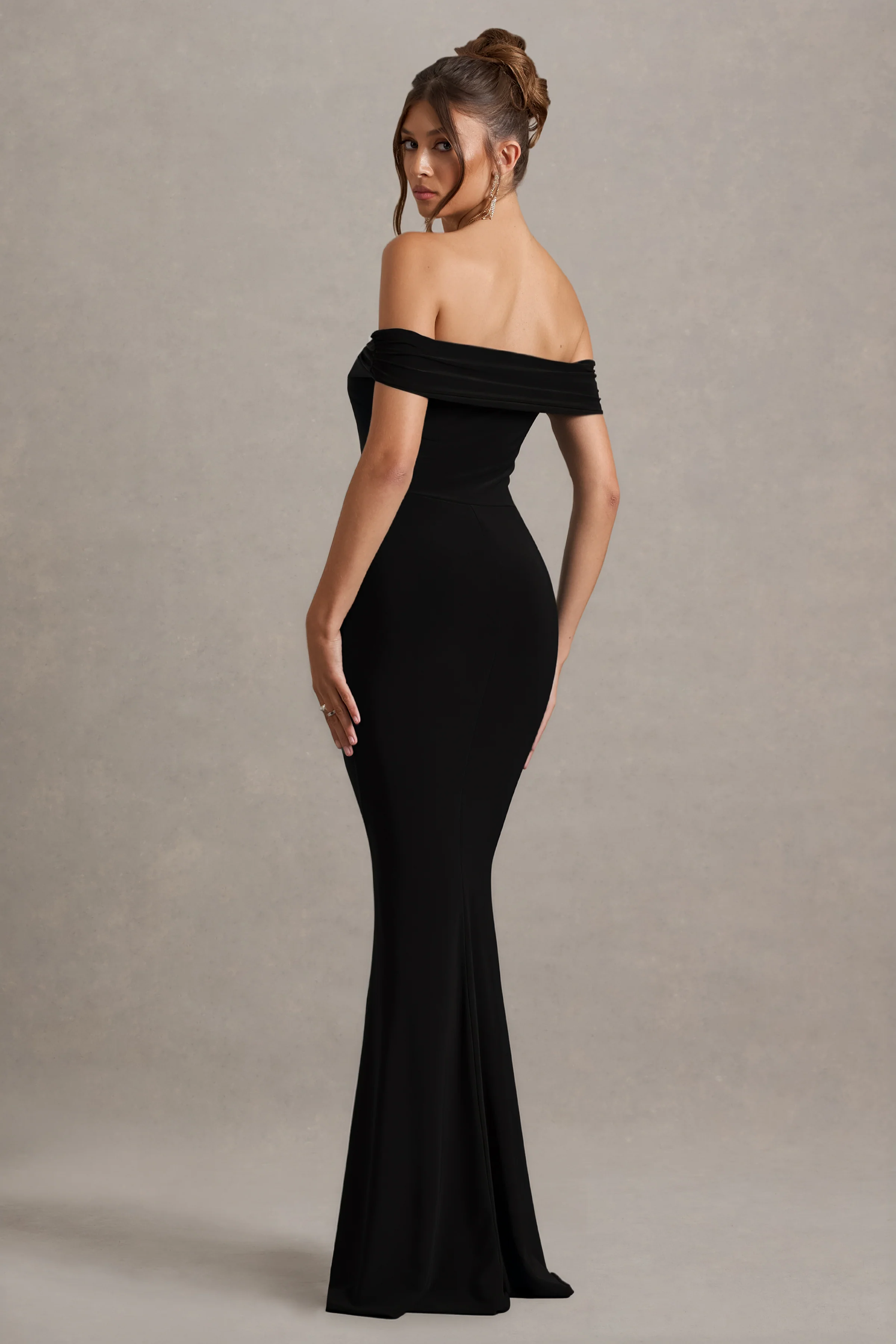 Law of Attraction | Black Bardot Draped Split Maxi Dress