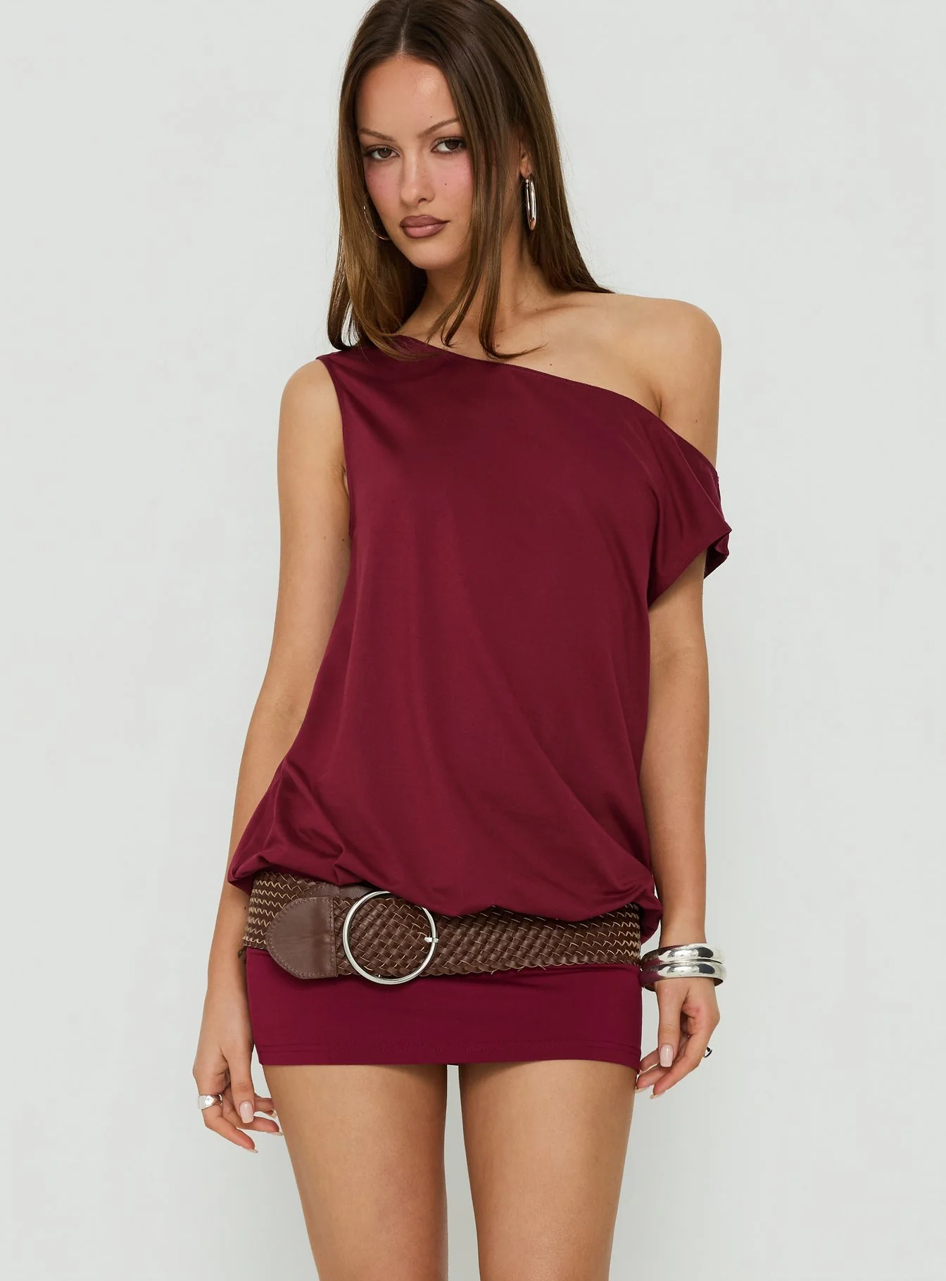 Ellah One Shoulder Drapey Mini Dress Wine