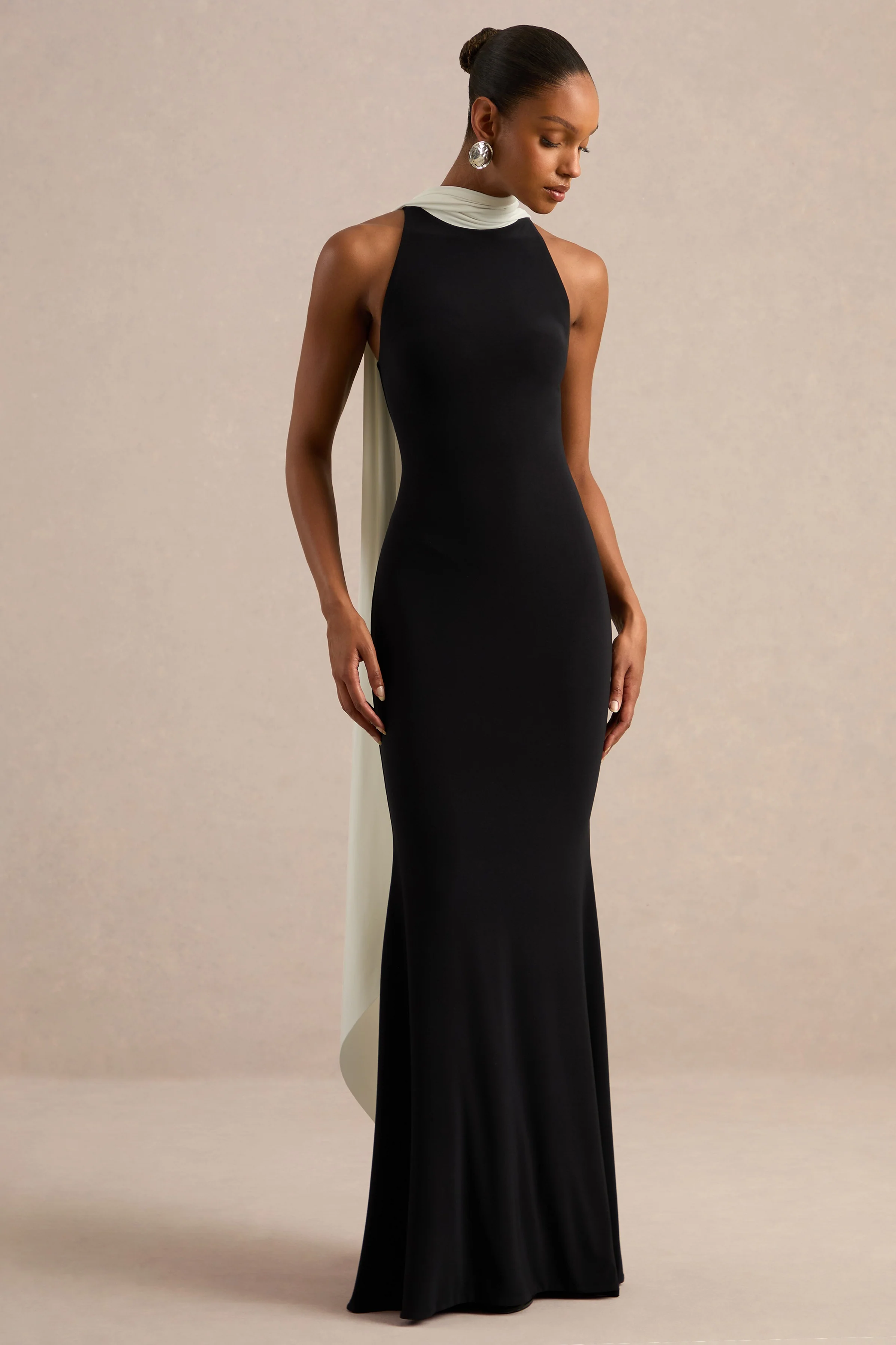Calise | Monochrome Jersey High Neck Maxi Dress With Scarf Detail