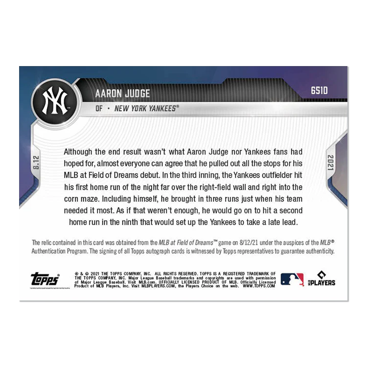 On-Card Auto Corn Relic # to 10 - Aaron Judge - 2021 MLB TOPPS NOW® Card 651D