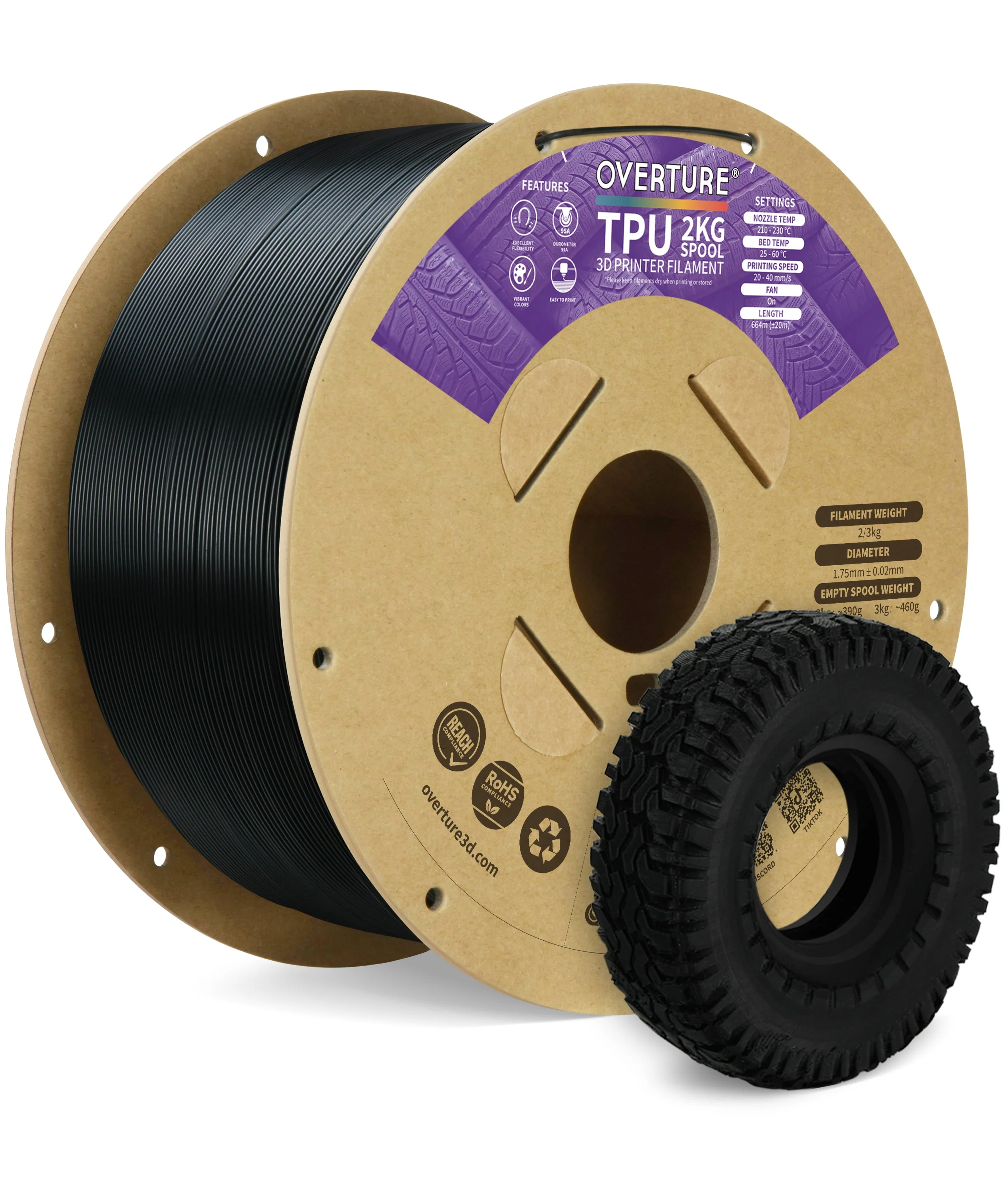 Overture TPU 3D Printer Filament 1.75mm - 2kg