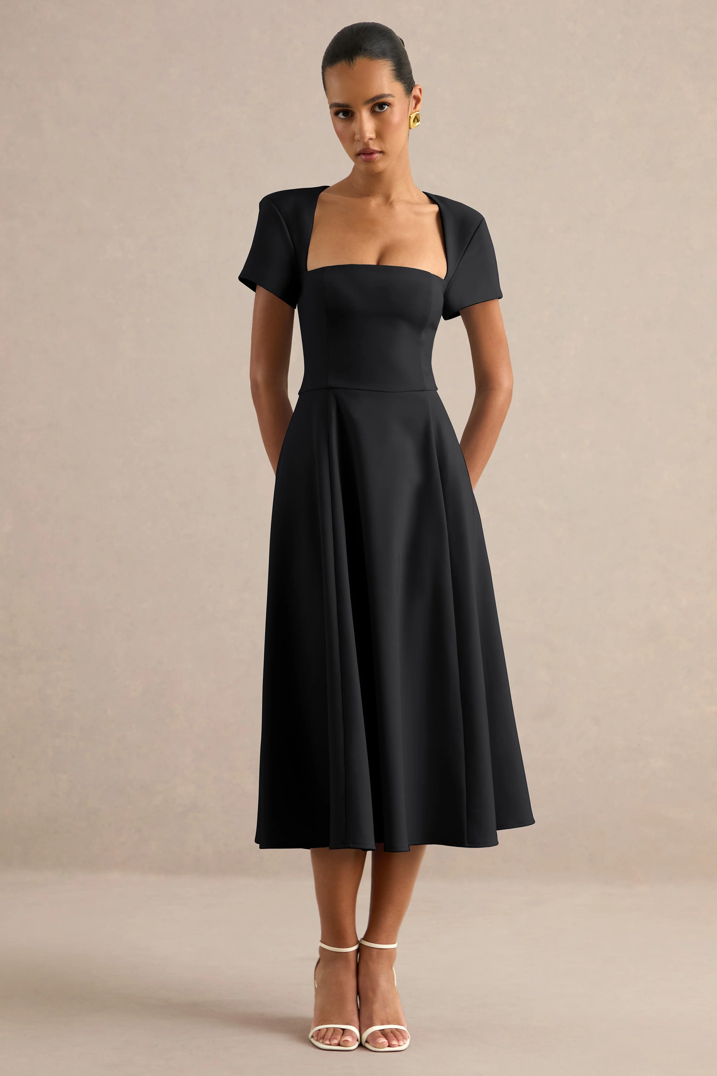 Donia | Black Square Neck Short Sleeve A-Line Midi Dress