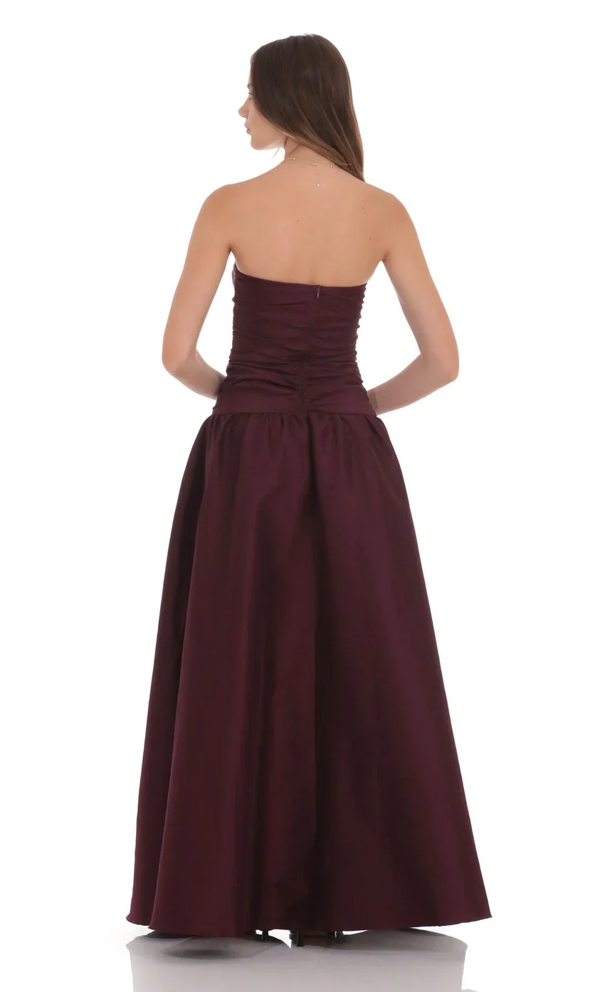 Cutout Drop Waist Strapless Maxi Dress in Wine