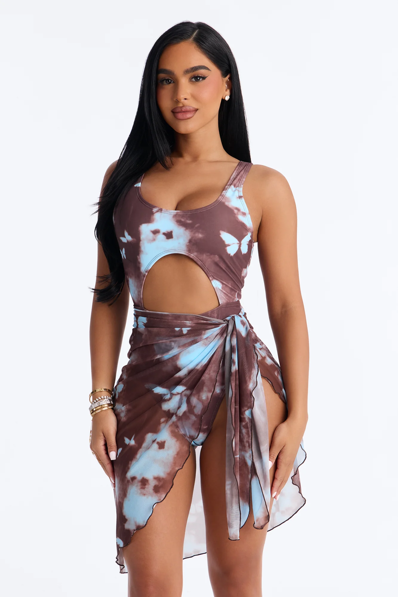 Monarch Wave Stretch 1 Piece Butterfly Tie Dye Front Cut Out Swimsuit With Sarong - Brown/combo