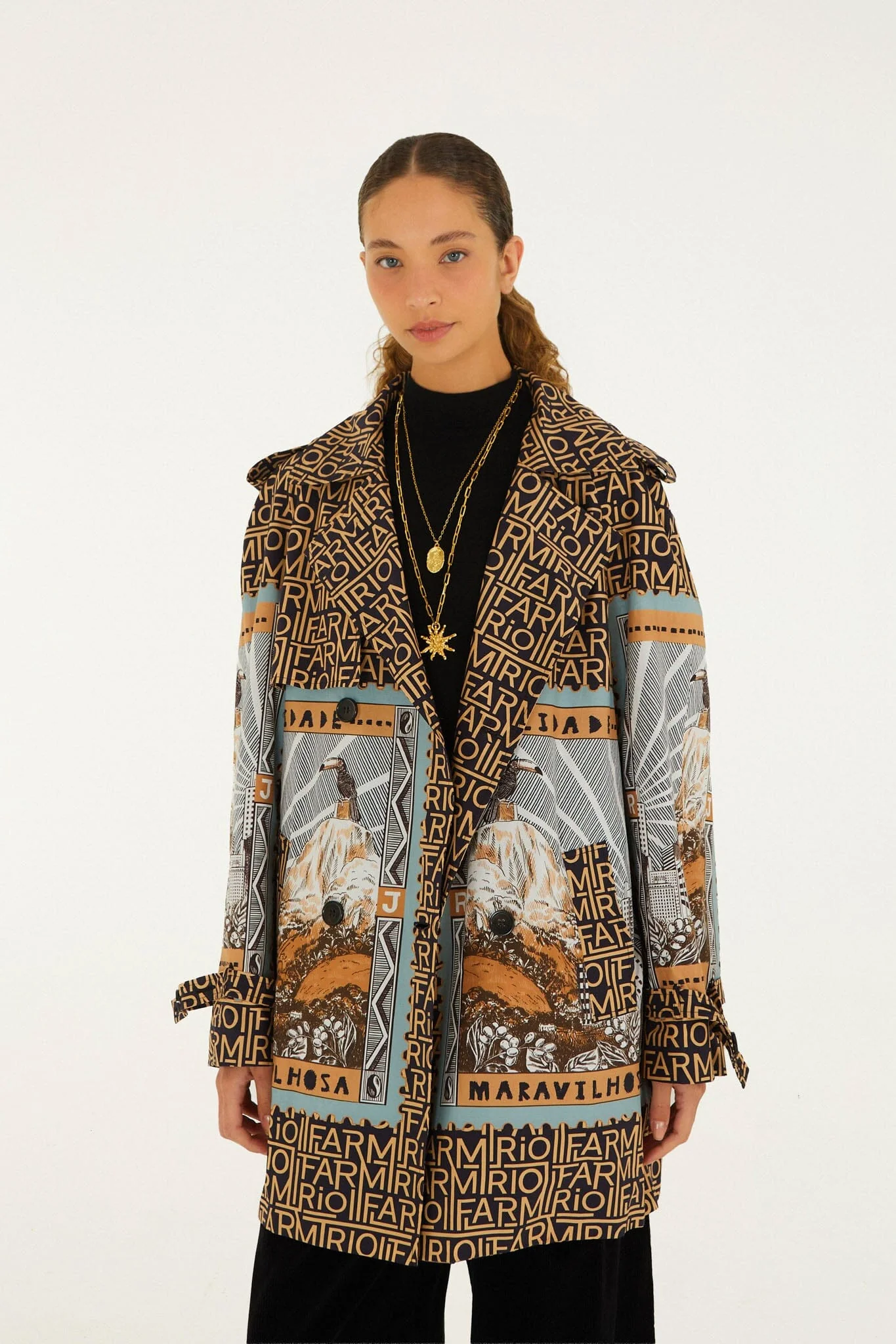 Mixed Carioca Coffee Scarves Trench Coat