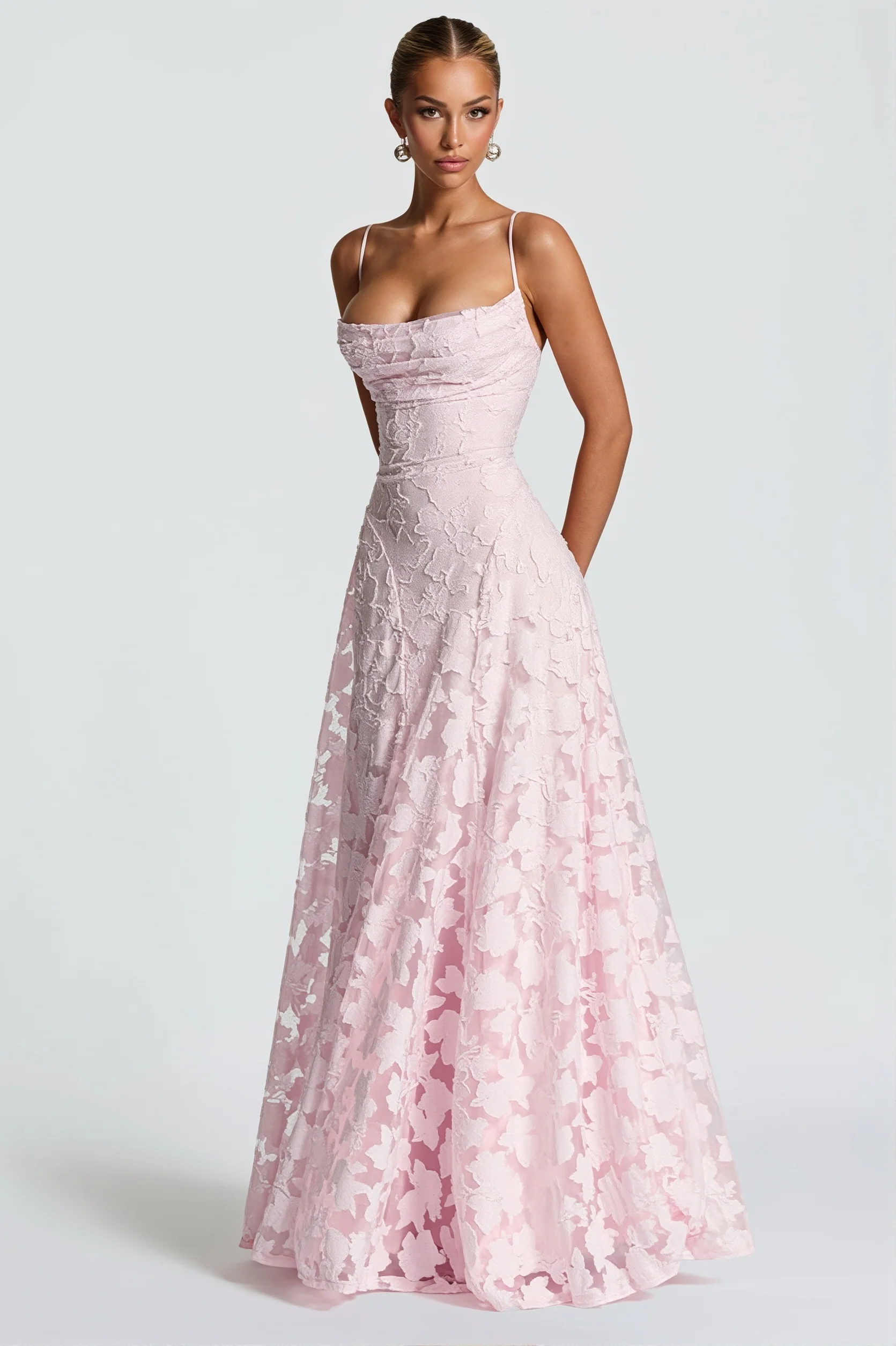 Chiffon Jacquard Backless Cami Maxi Dress