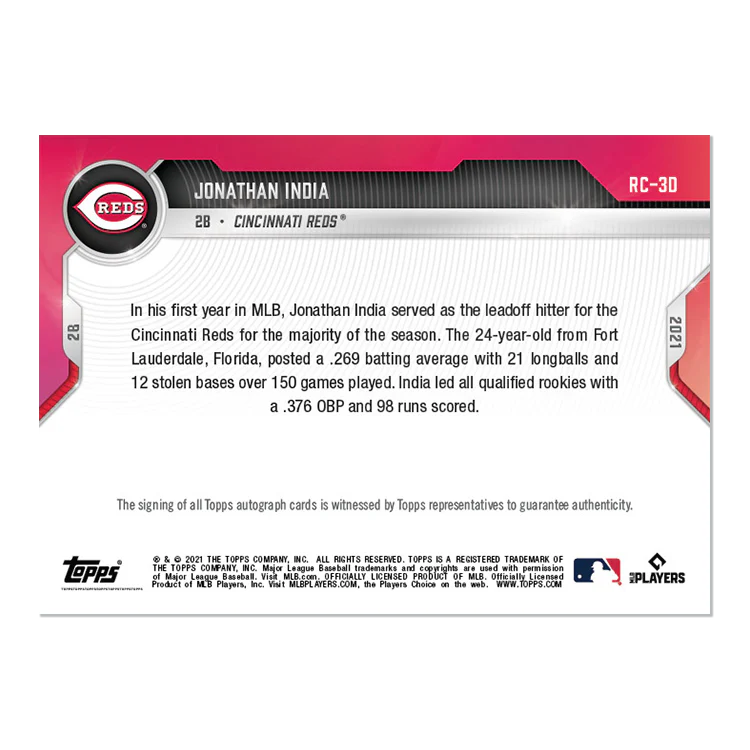 On-Card Auto # to 10 - Jonathan India - 2021 MLB TOPPS NOW® Card RC-03D