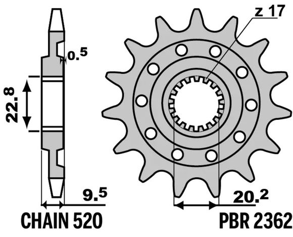 Gearbox output pinion PBR standard steel 2362 - 520 14 teethRef: Pbr01673A / 1151608003