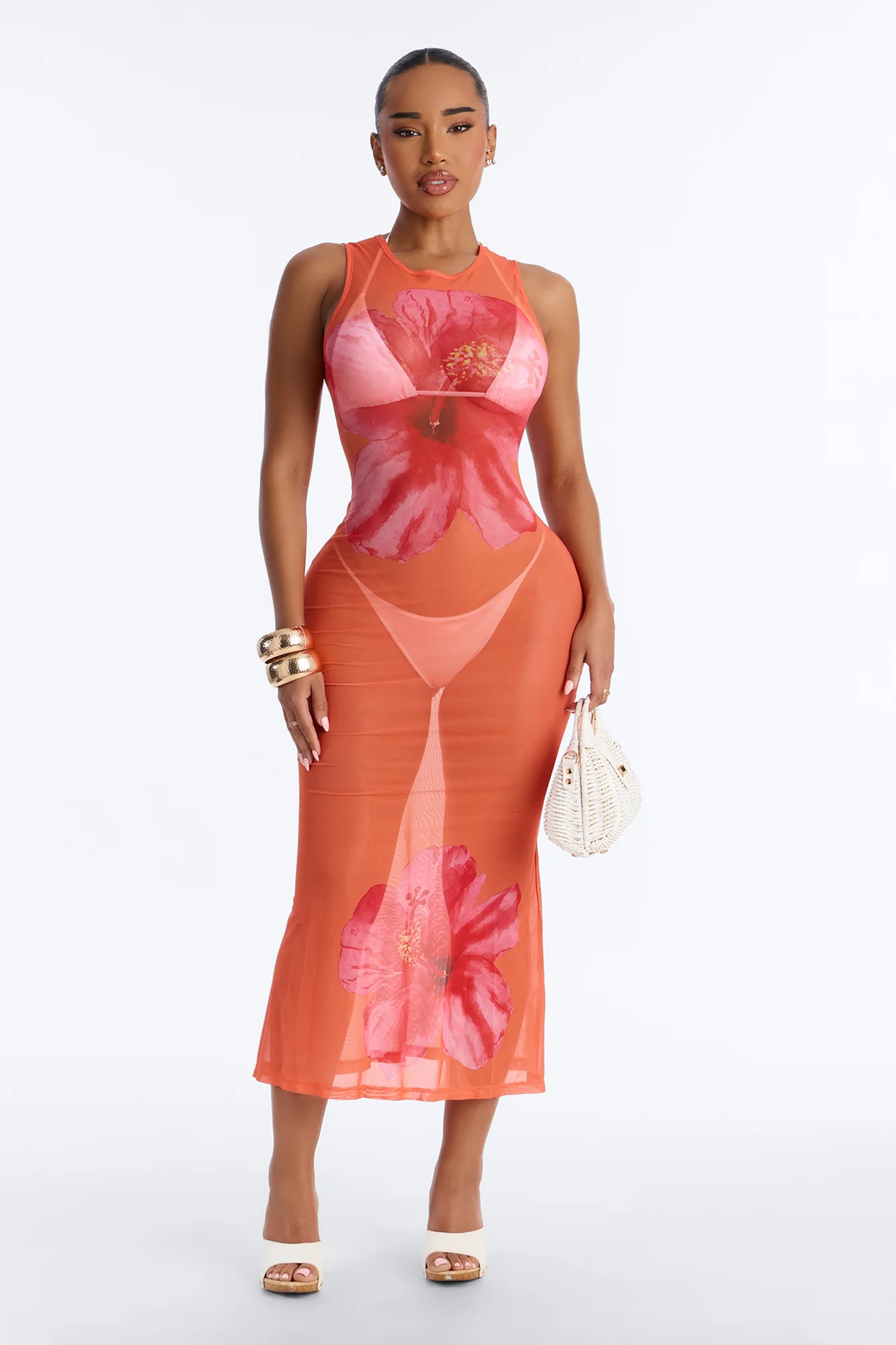 Floral Fantasy Sheer Swim Cover Up Dress - Orange