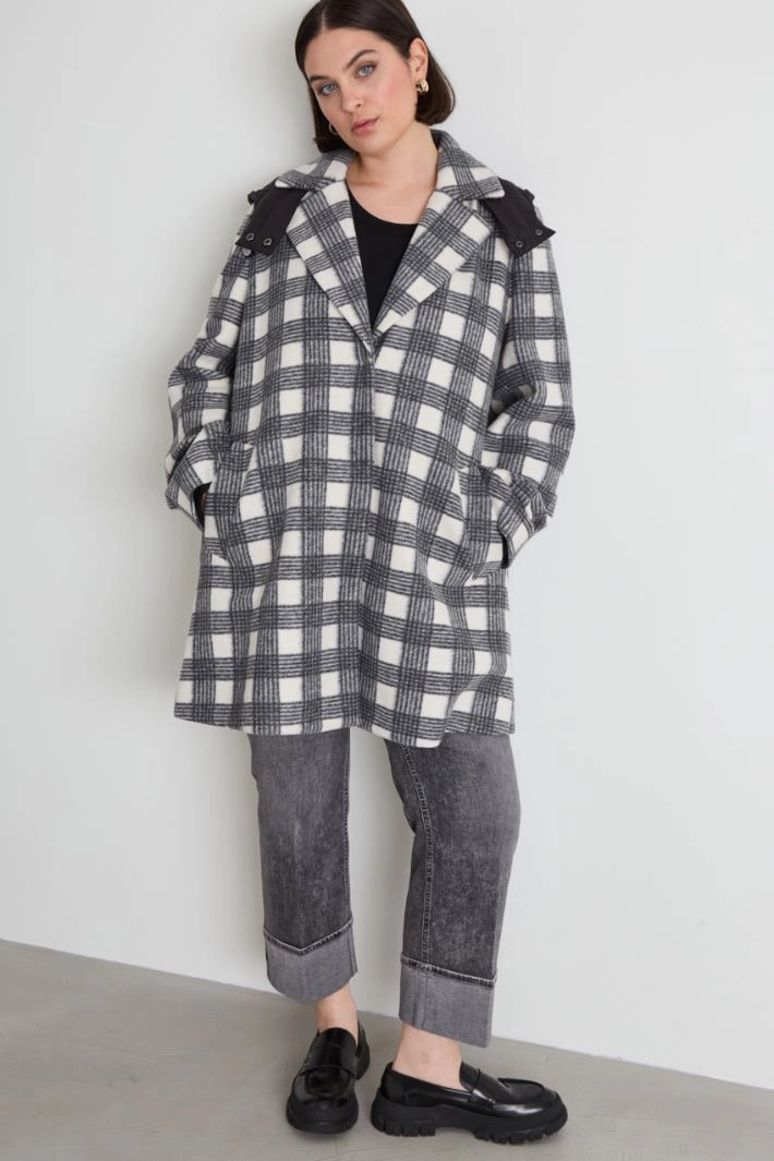 Hooded jersey coat - BLACK WHITE