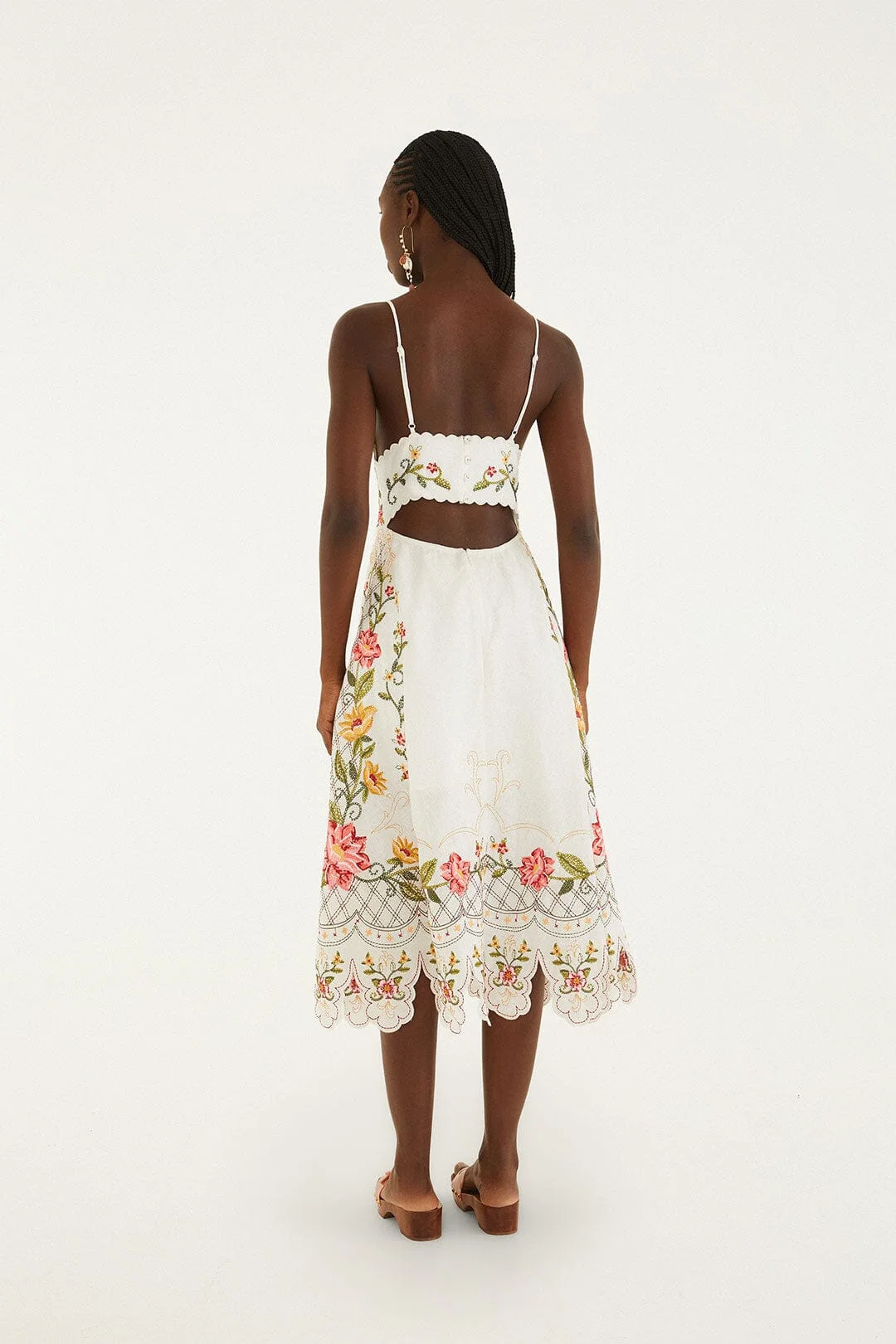 Off-White Flower Embroidery Asymetric Hem Midi Dress