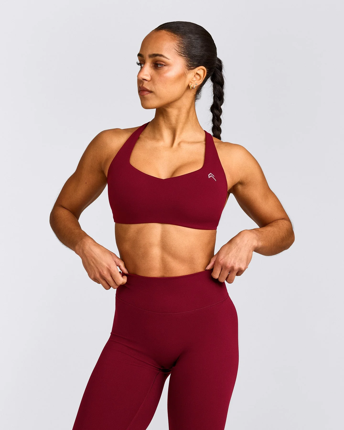 EasyLift™ Cross Back Sports Bra with Grey Logo | Ruby Red