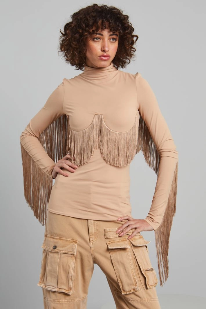 Long fringe-adorned sweater - PALE PINK