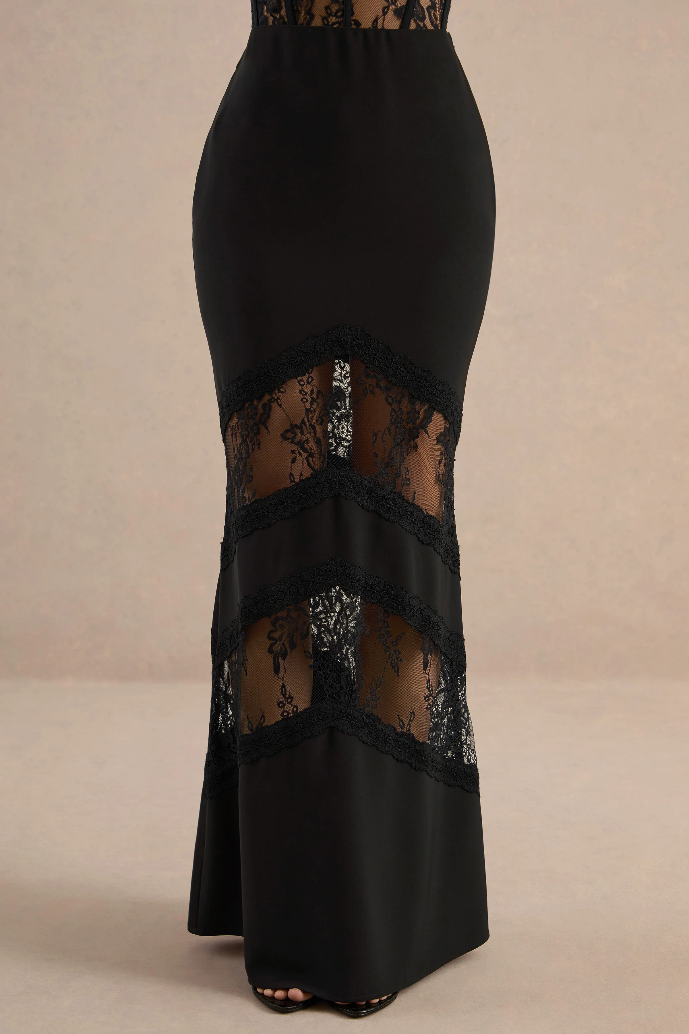 Clarion | Black Satin High Rise Maxi Skirt With Sheer Lace Panelling