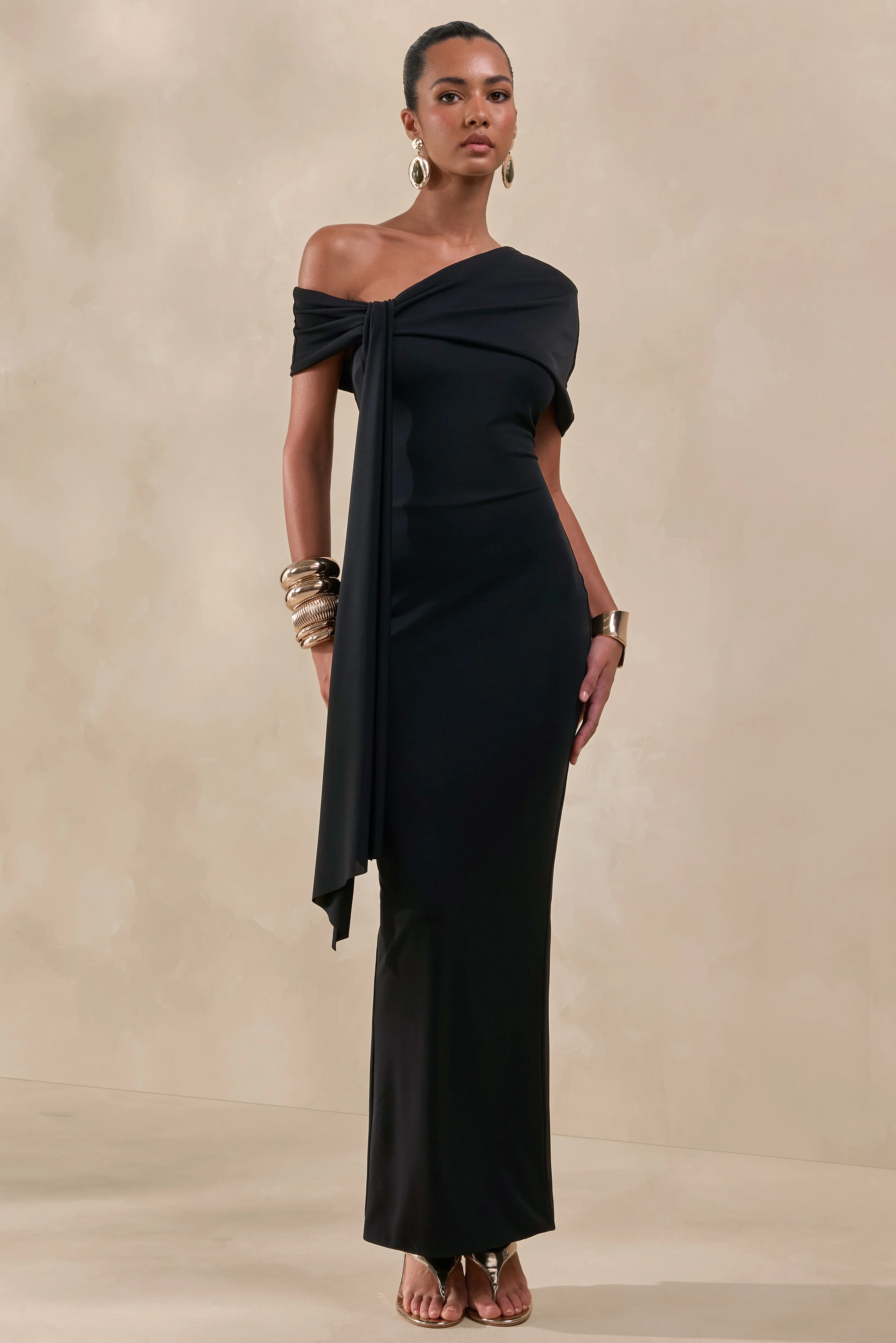 Esalina | Black Asymmetric-Neck Maxi Dress With Sash