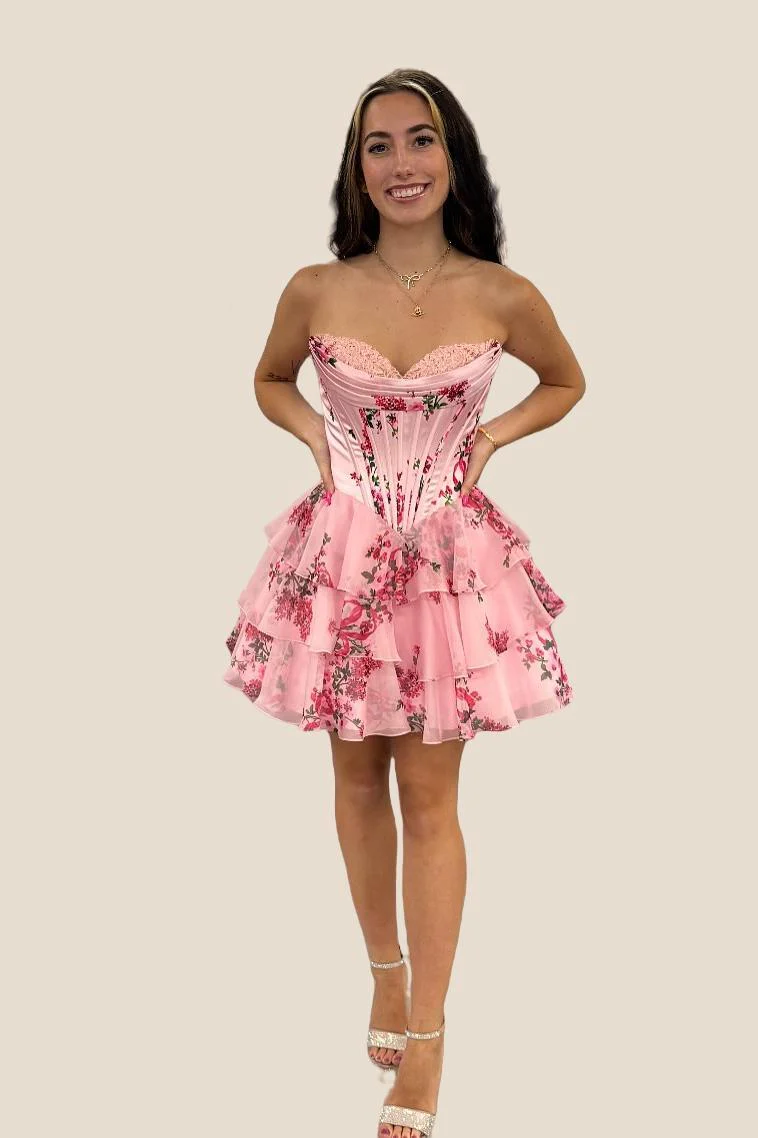 Strapless Pink Floral Corset A-line Short Ruffle Dress