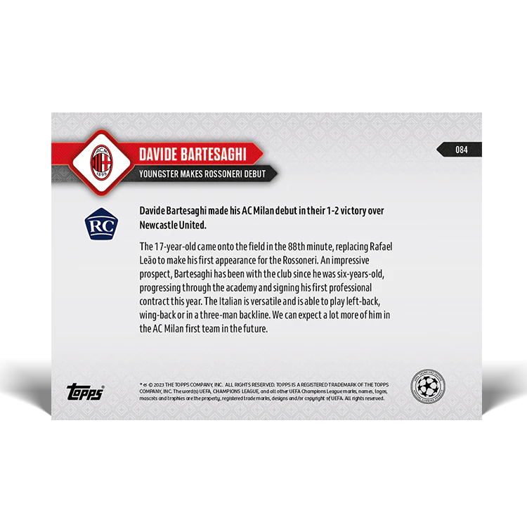 Topps UK - Davide Bartesaghi - Youngster makes Rossoneri debut - UCL TOPPS NOW® Card #84