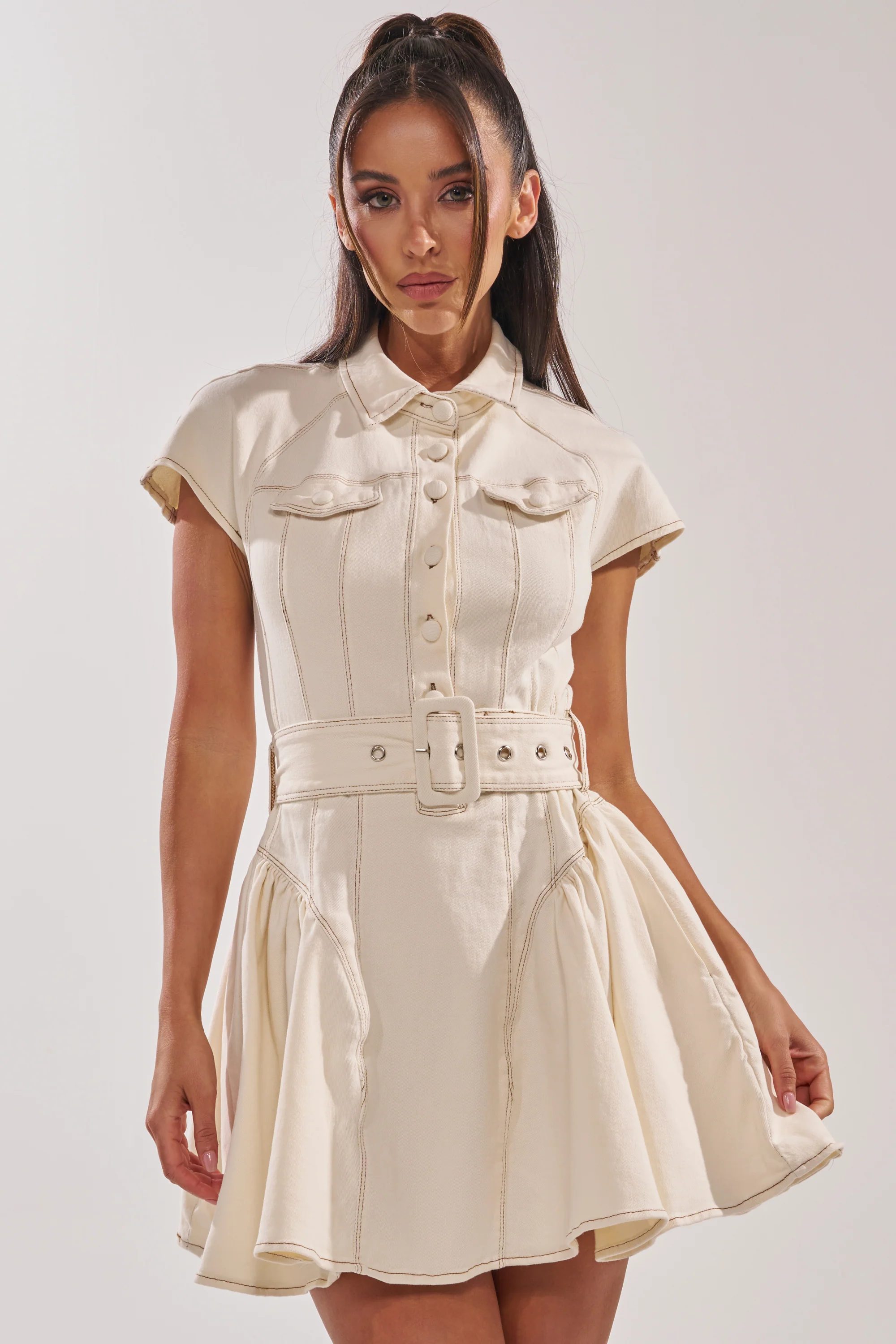 Sadie Button Up Denim Mini Dress In White
