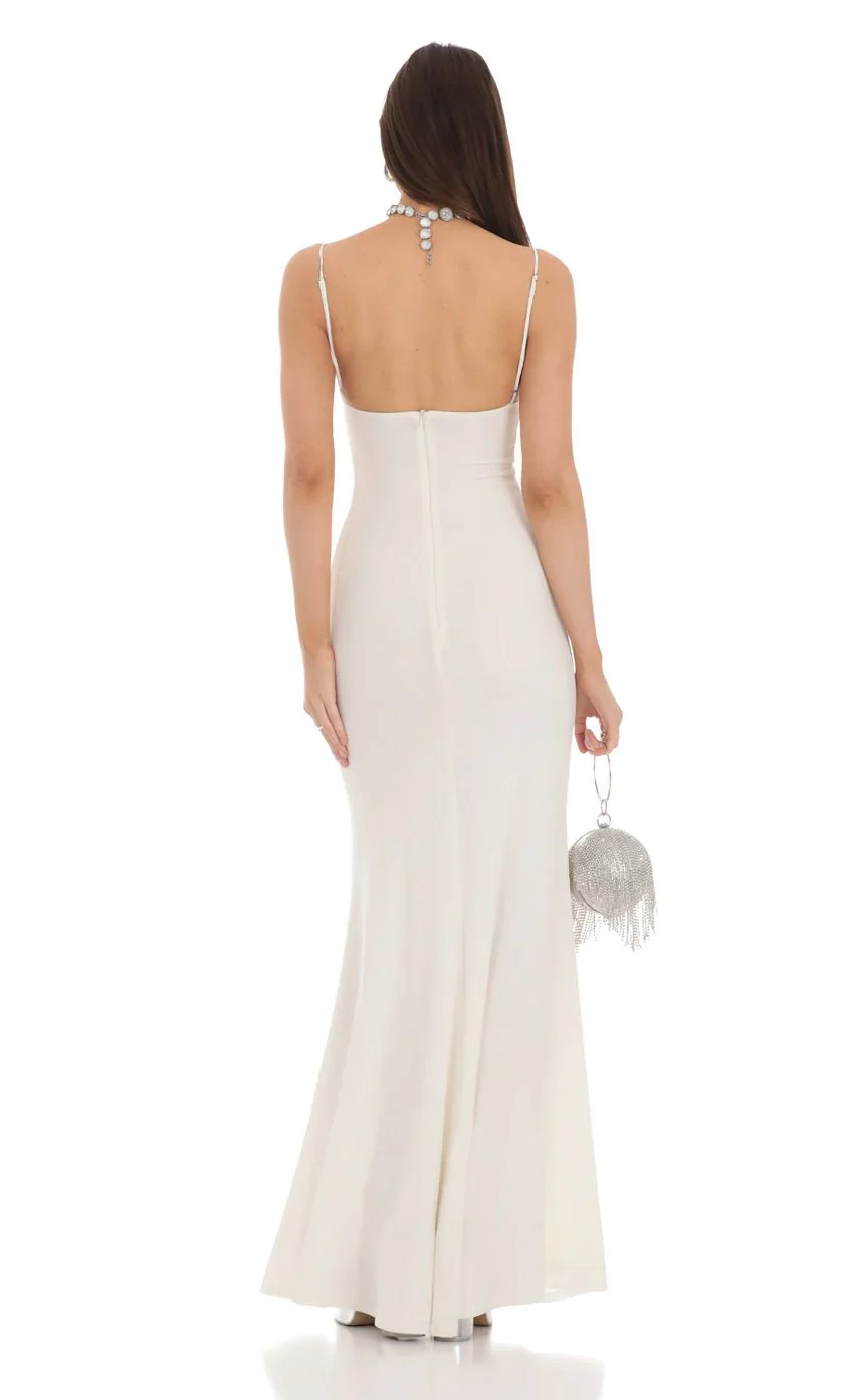 Cowl Neck Mermaid Maxi Dress in White
