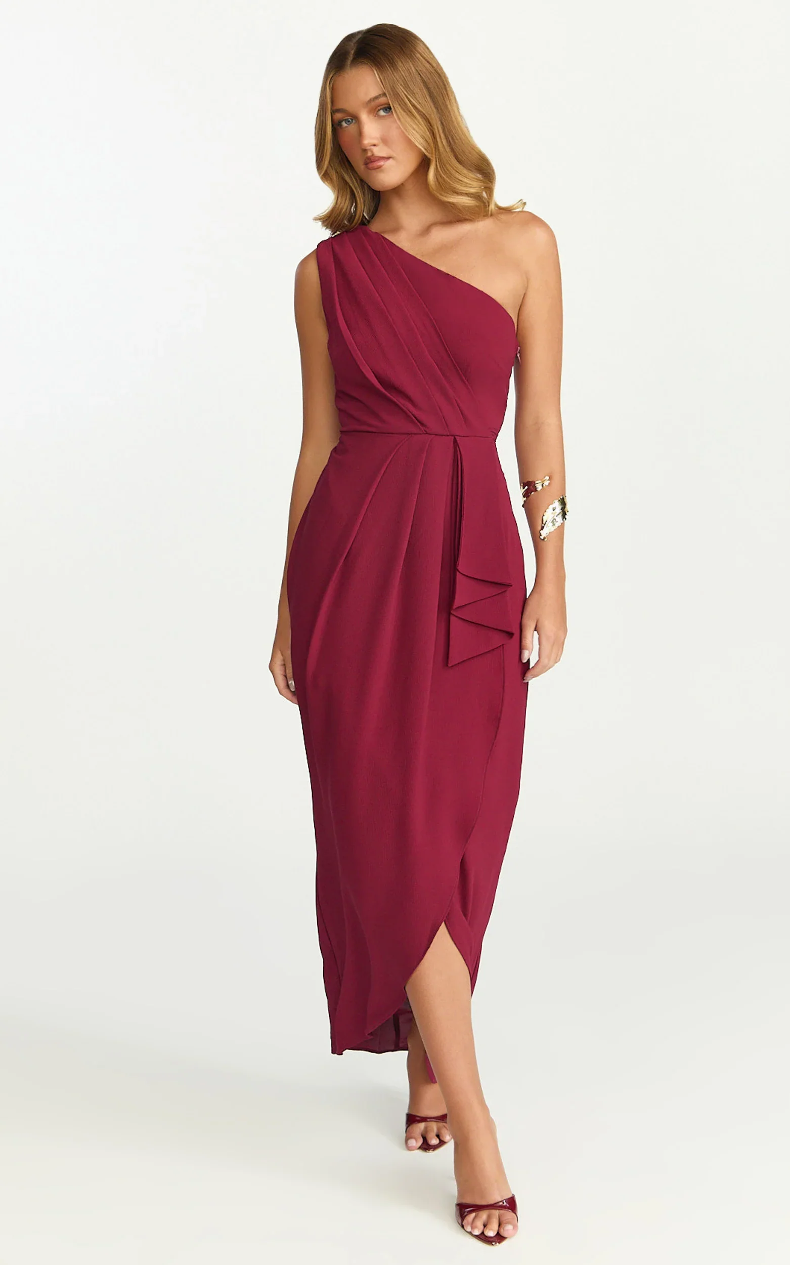Namaari Midi Dress - Faux Wrap One Shoulder Dress in Wine
