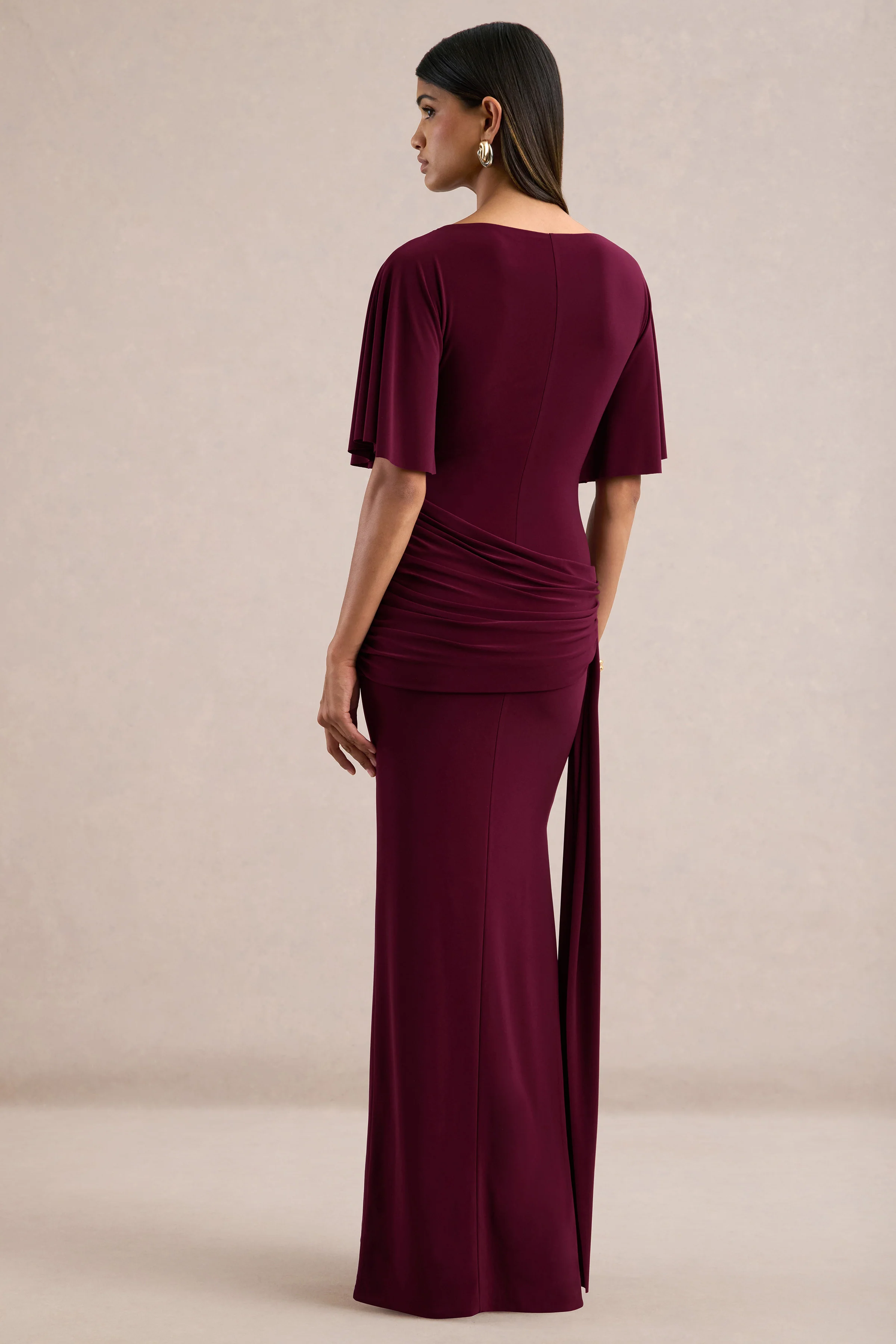 Emerelle | Burgundy Jersey Ruched Boat Neck Short Sleeve Maxi Dress With Sash And Split