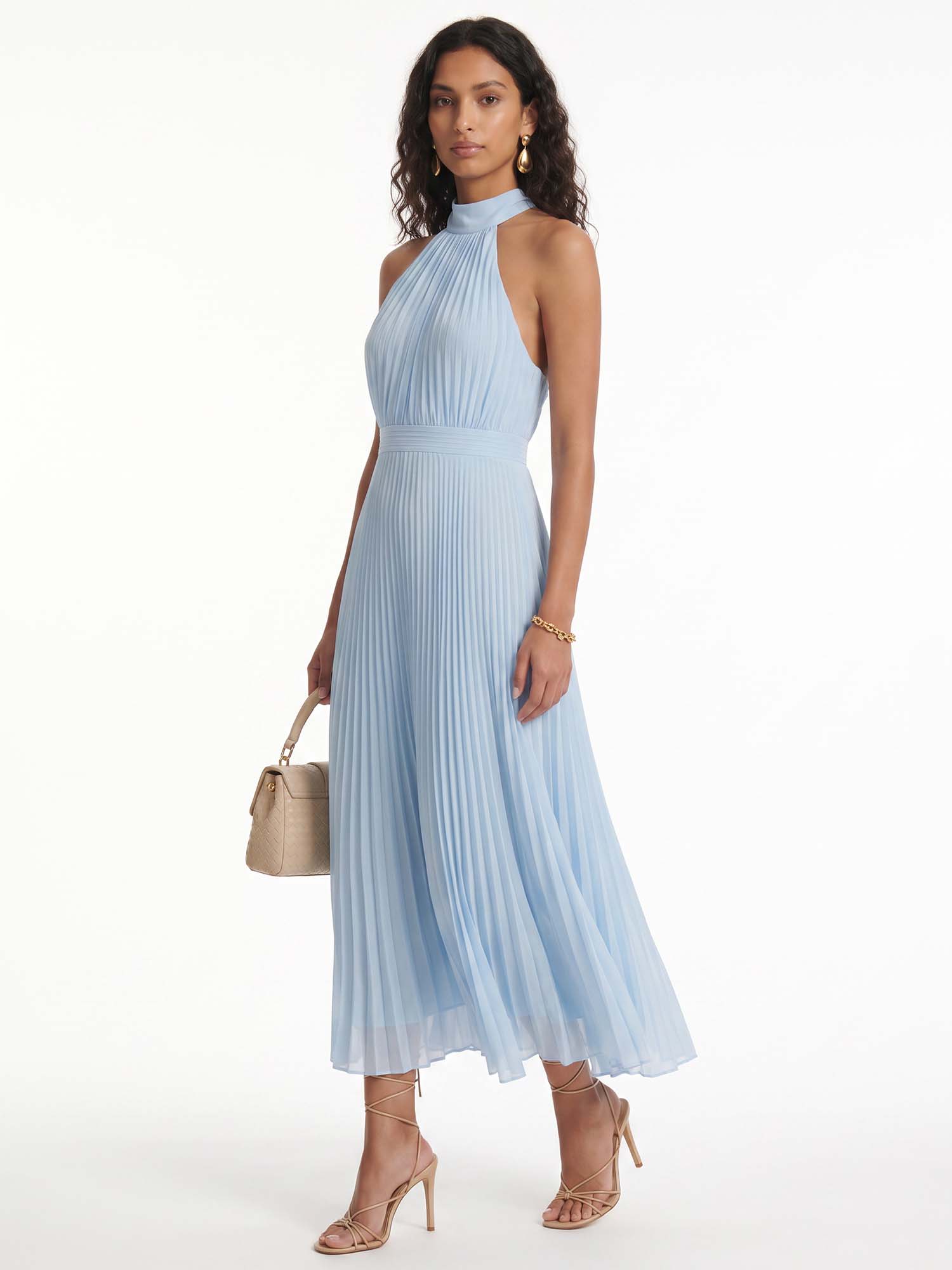 Sky Pleat Halter Midi Dress