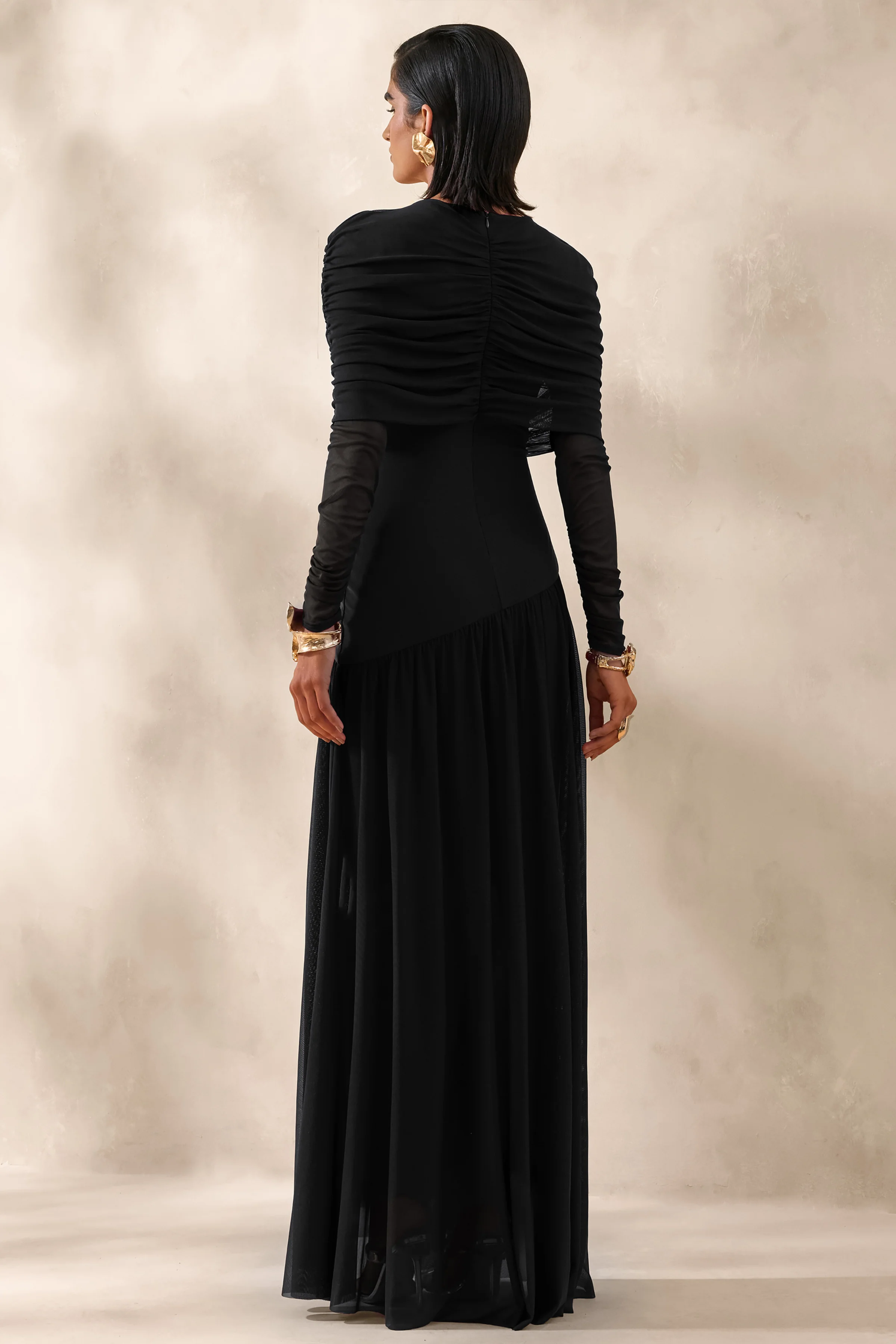 Enalia | Black Mesh Slashed-Neck Maxi Dress With Short-Cape