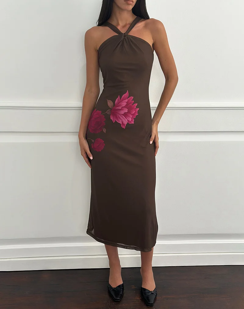 Silvra Halterneck Midi Dress in Brown with Pink Flower Print