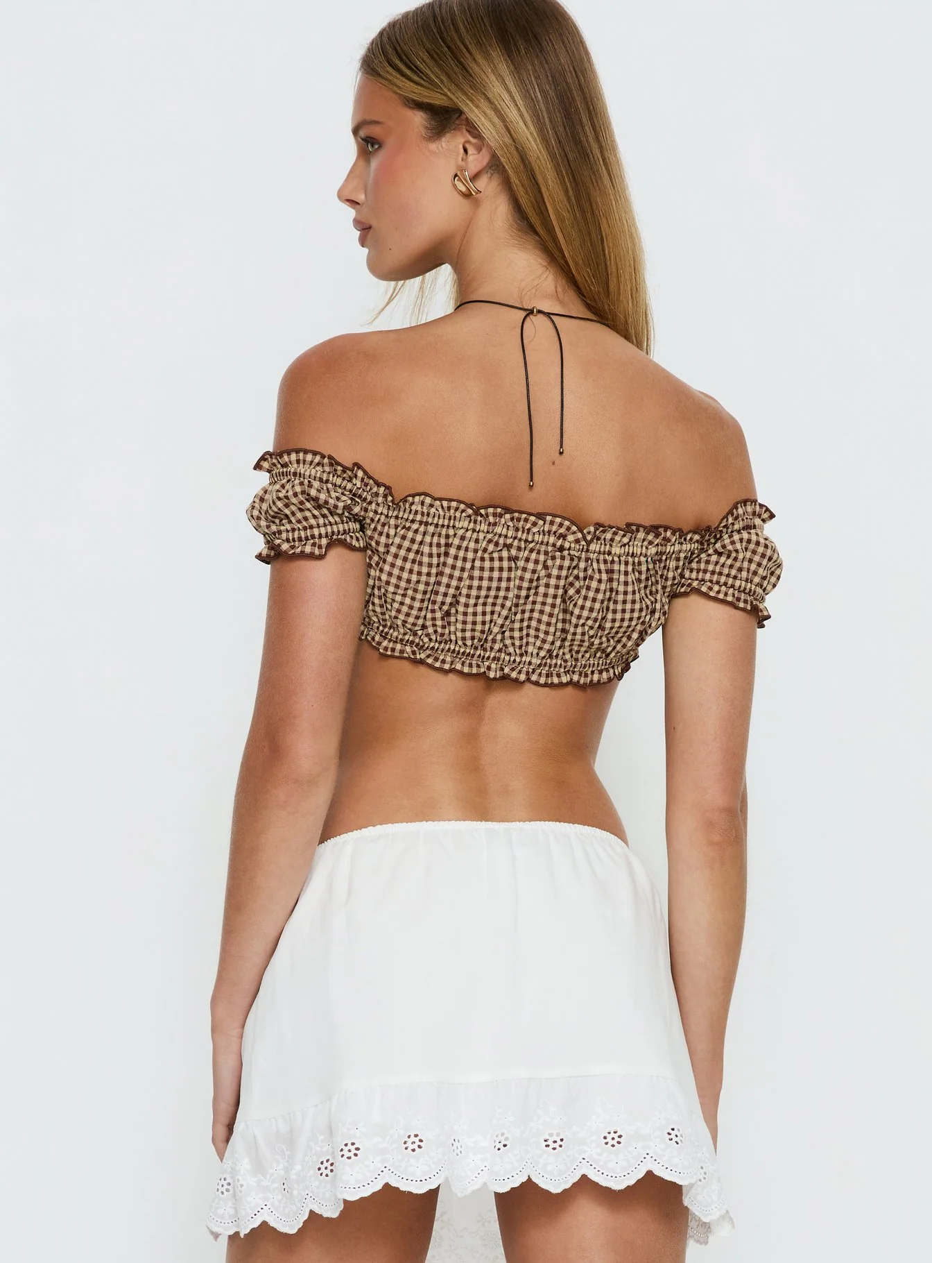 We Can't Stop Ruched Strapless Top Brown Gingham