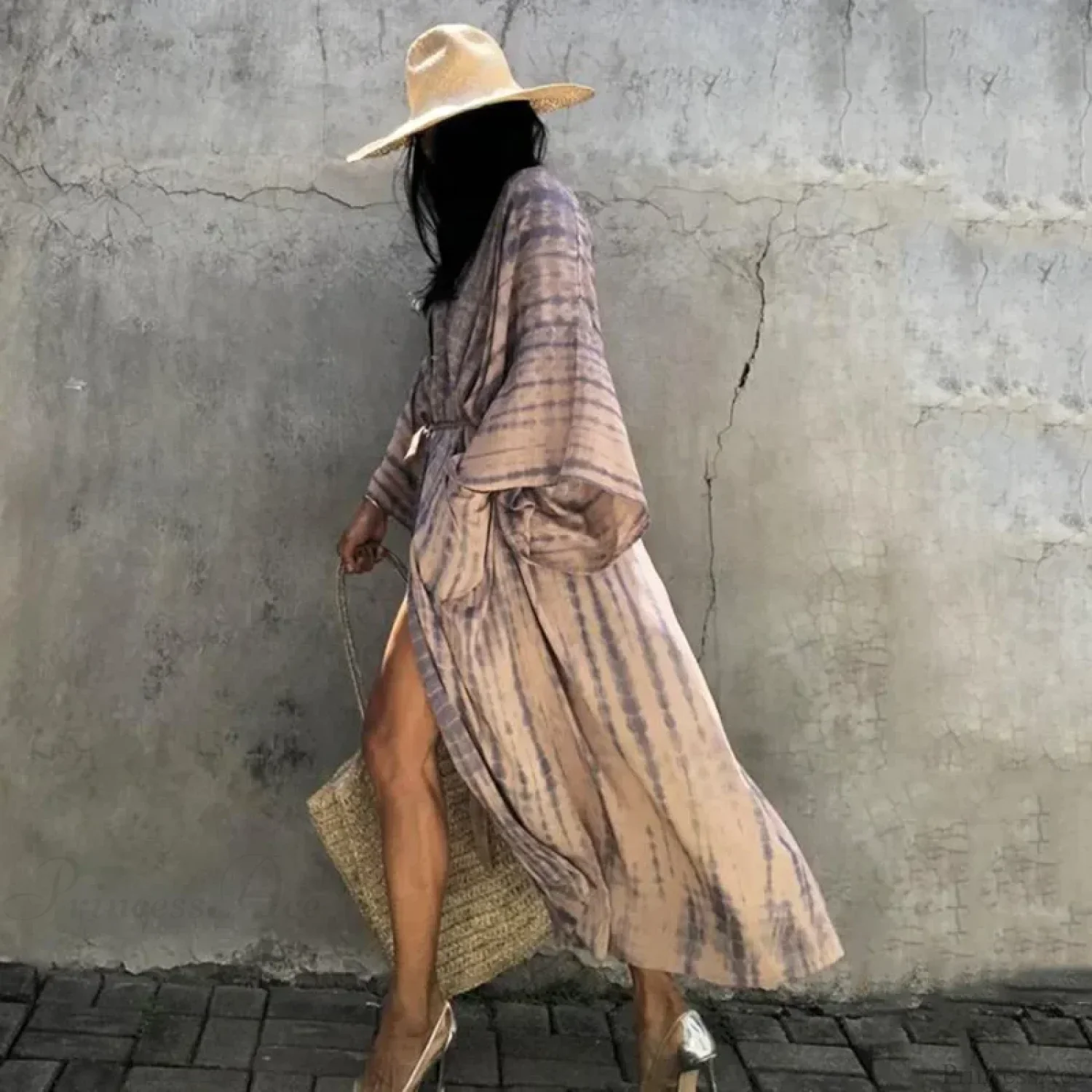 Green Printed Silky Kimono Robe Boho Cover up