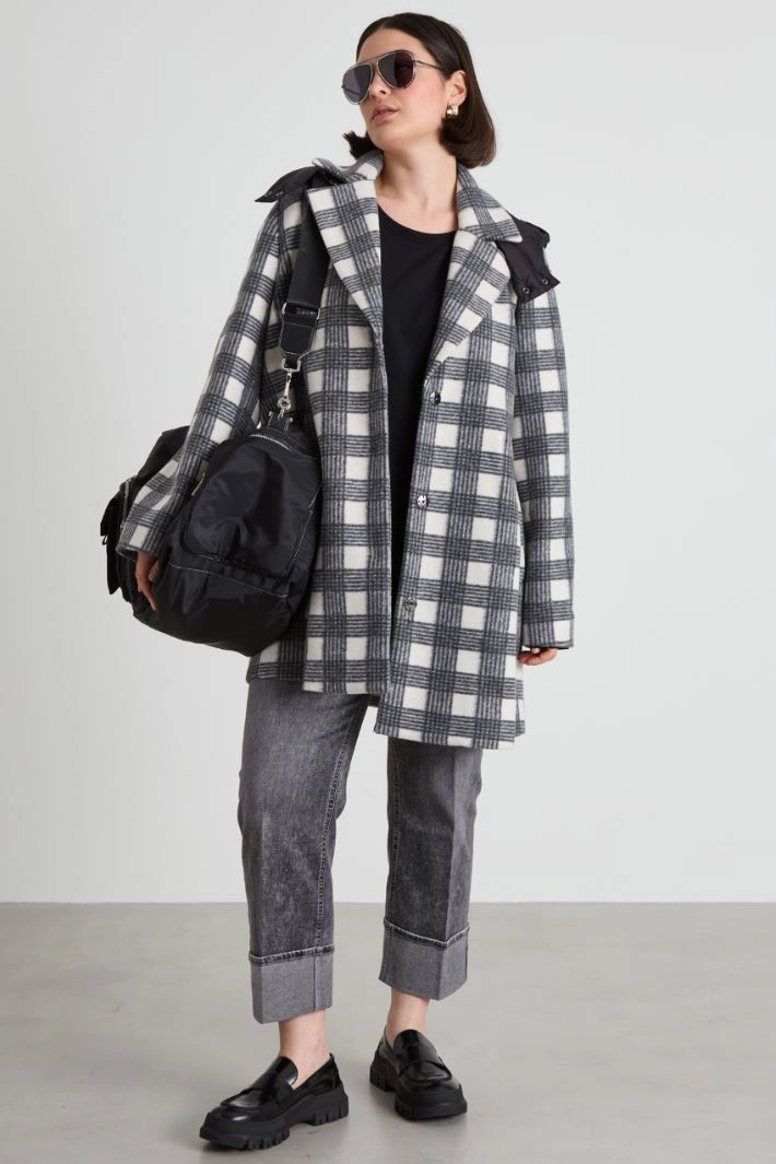 Hooded jersey coat - BLACK WHITE