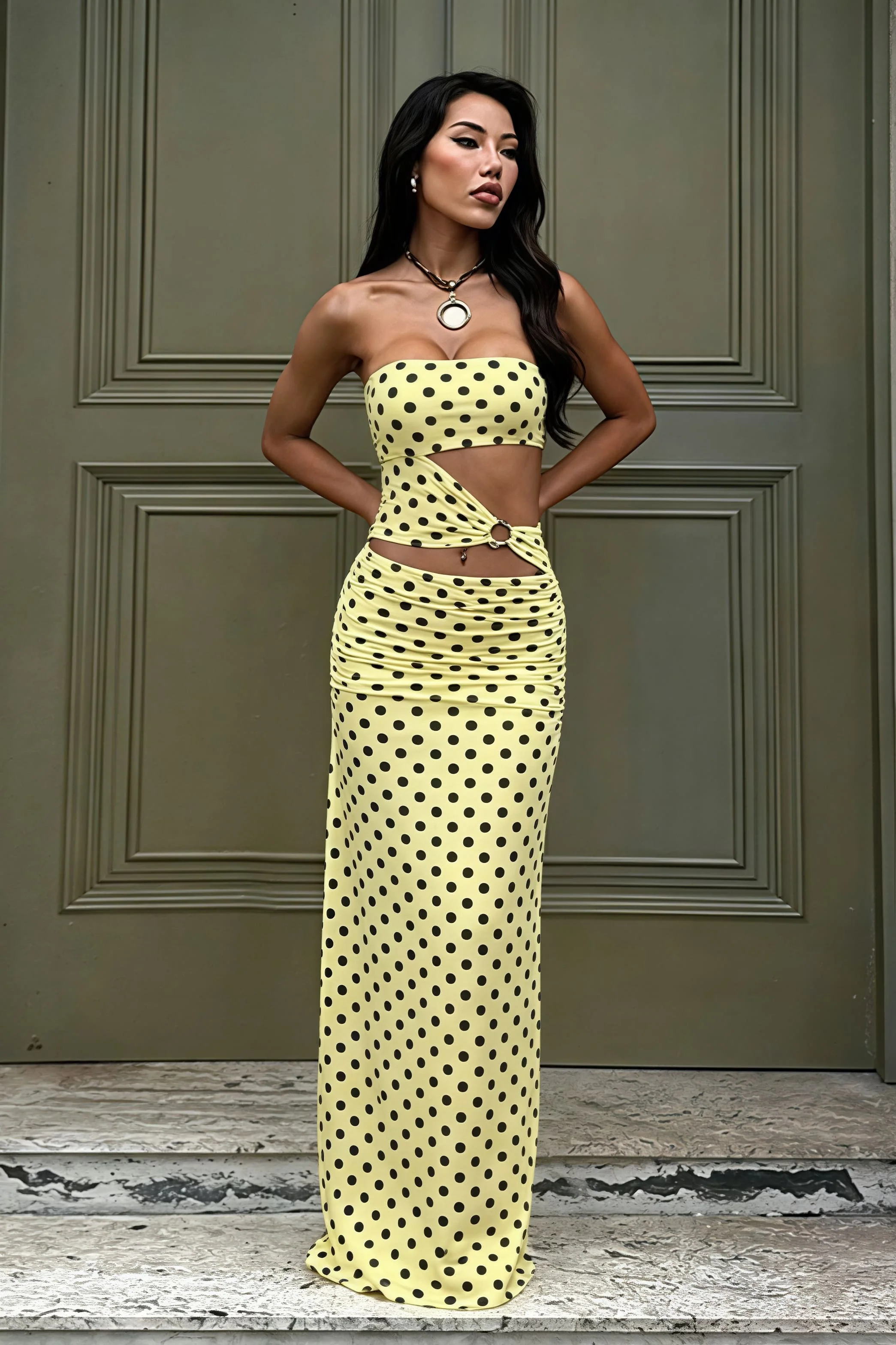 Printed Strapless Cut Out Bodycon Maxi Dress