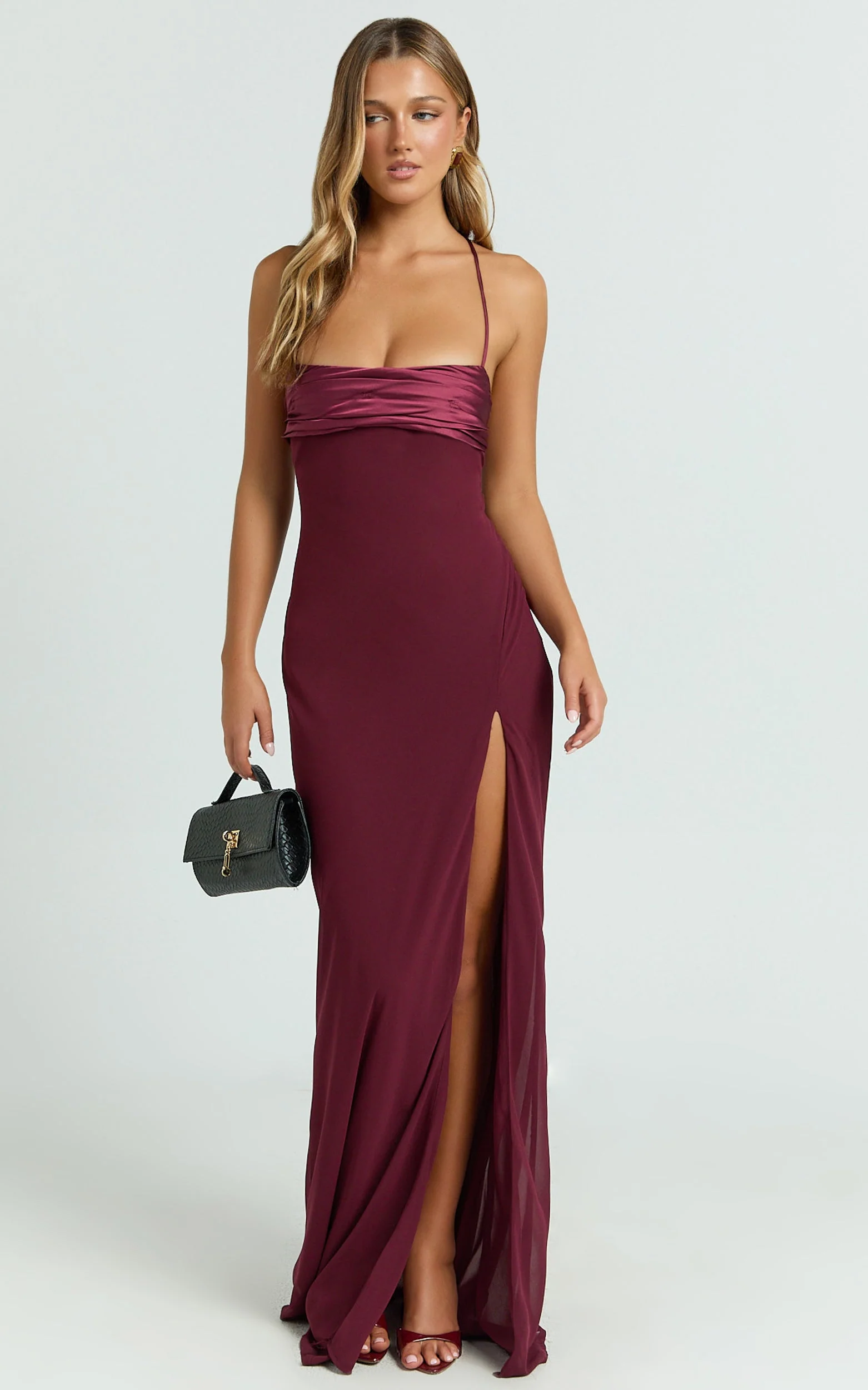Sonya Maxi Dress - Cowl Neck Asymmetric Fit And Flare Dress in Wine