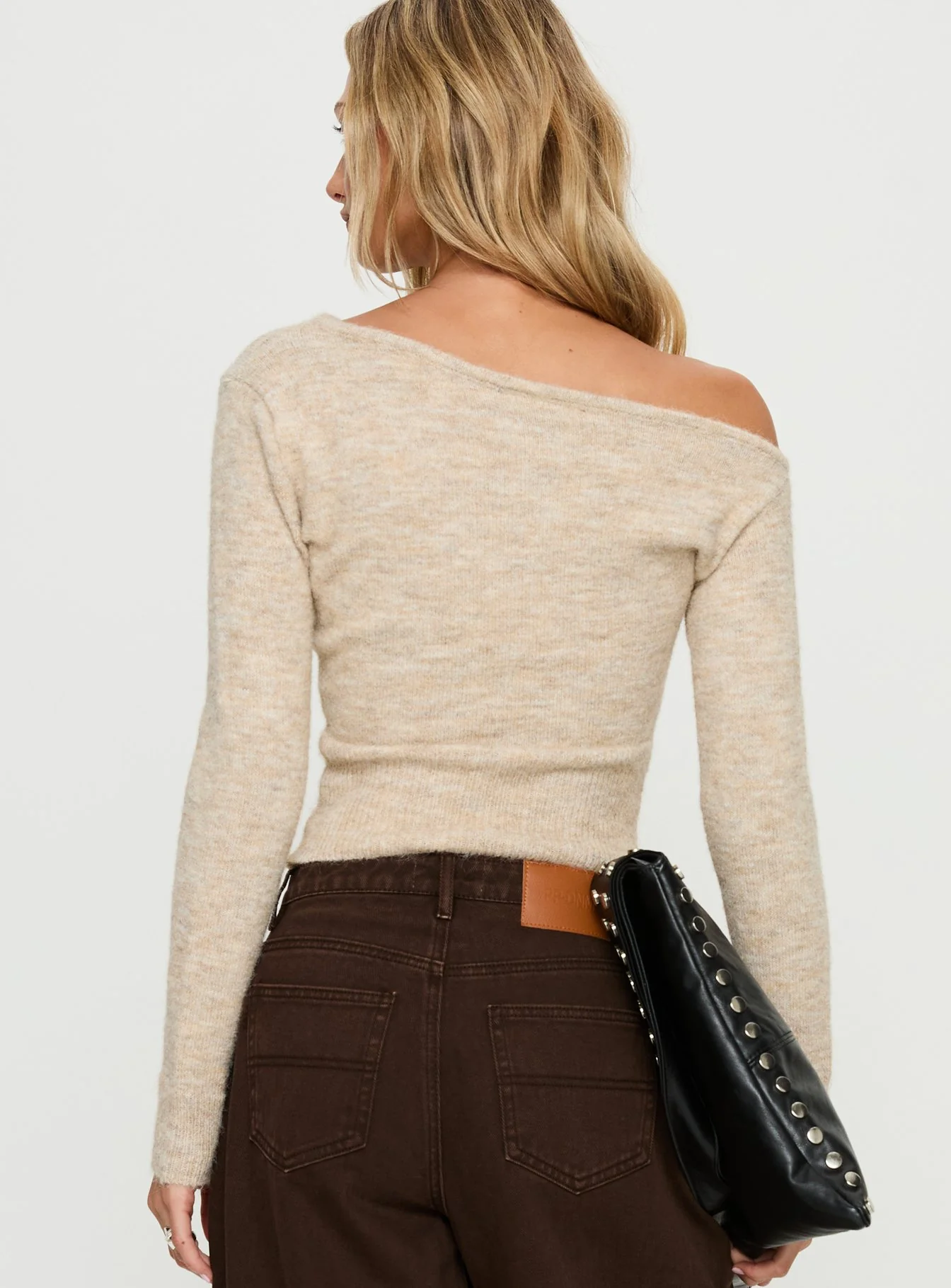 Selbey Fluffy Cinched Waist Off Shoulder Top Cream Marle