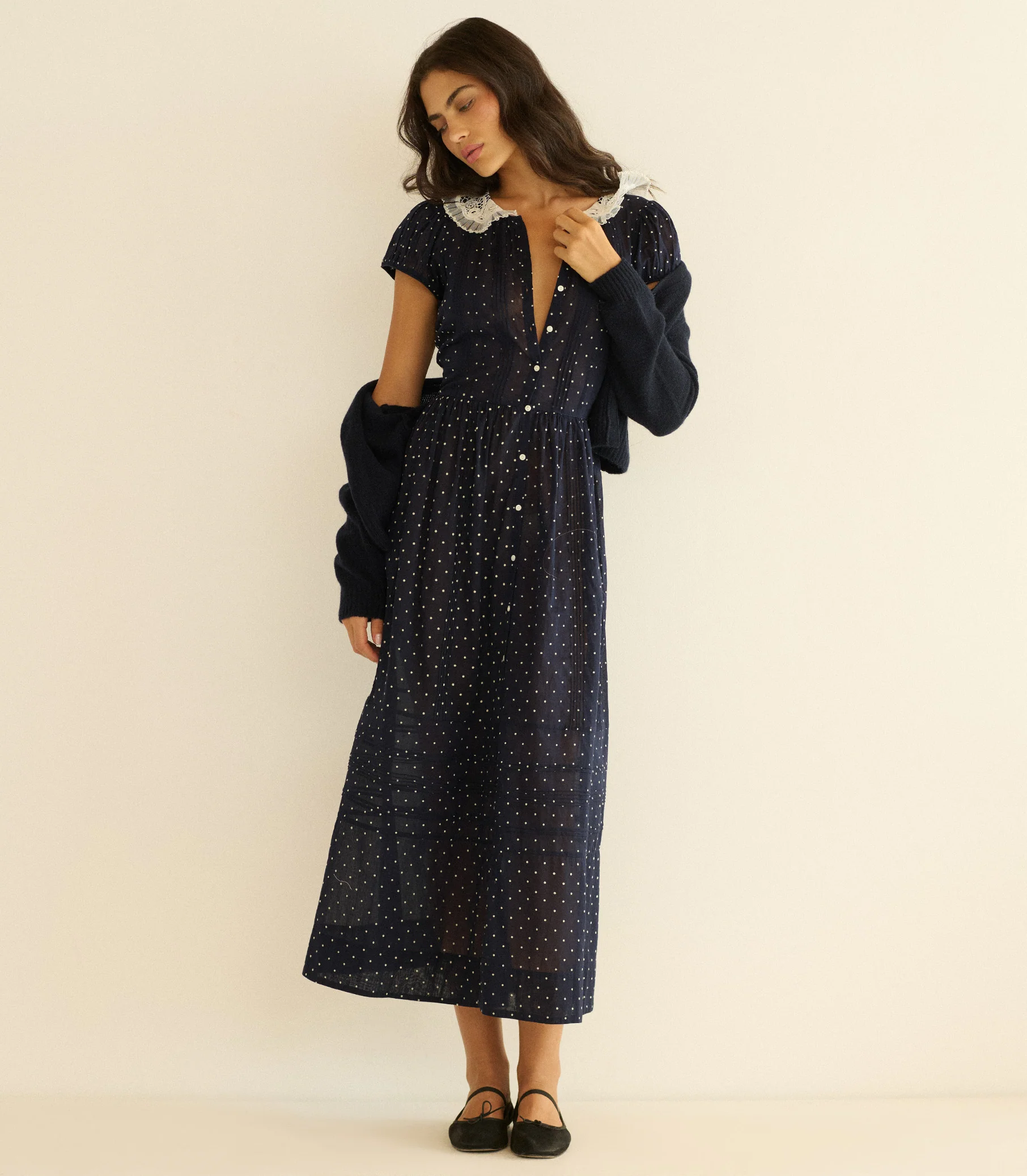 Amerie Midi Dress - Navy Flock Dot