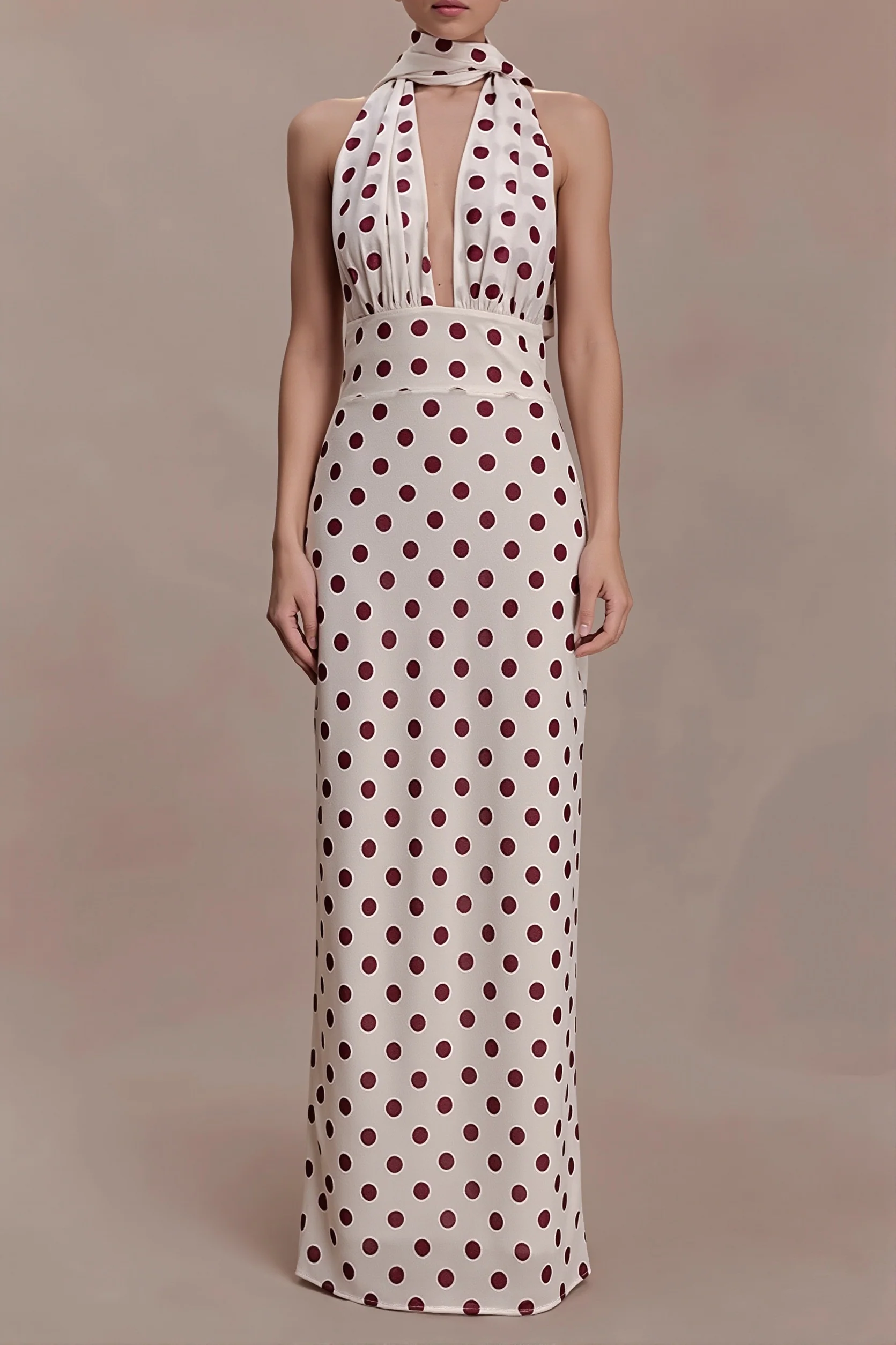 Polka Dot Deep V Tie Bodycon Maxi Dress