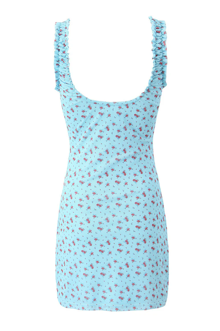 Straps Light Blue Floral Print Short Summer Dress