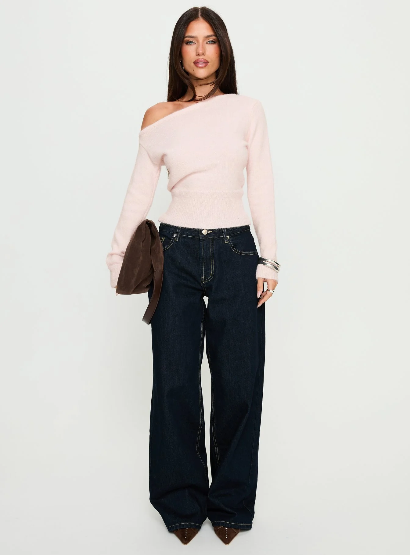 Selbey Fluffy Cinched Waist Off Shoulder Top Pink