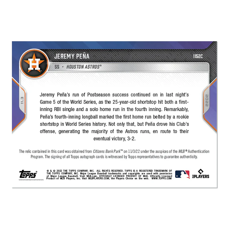 On-Card Auto-Relic # to 25 - Jeremy Peña - 2022 MLB TOPPS NOW® Card 1152C