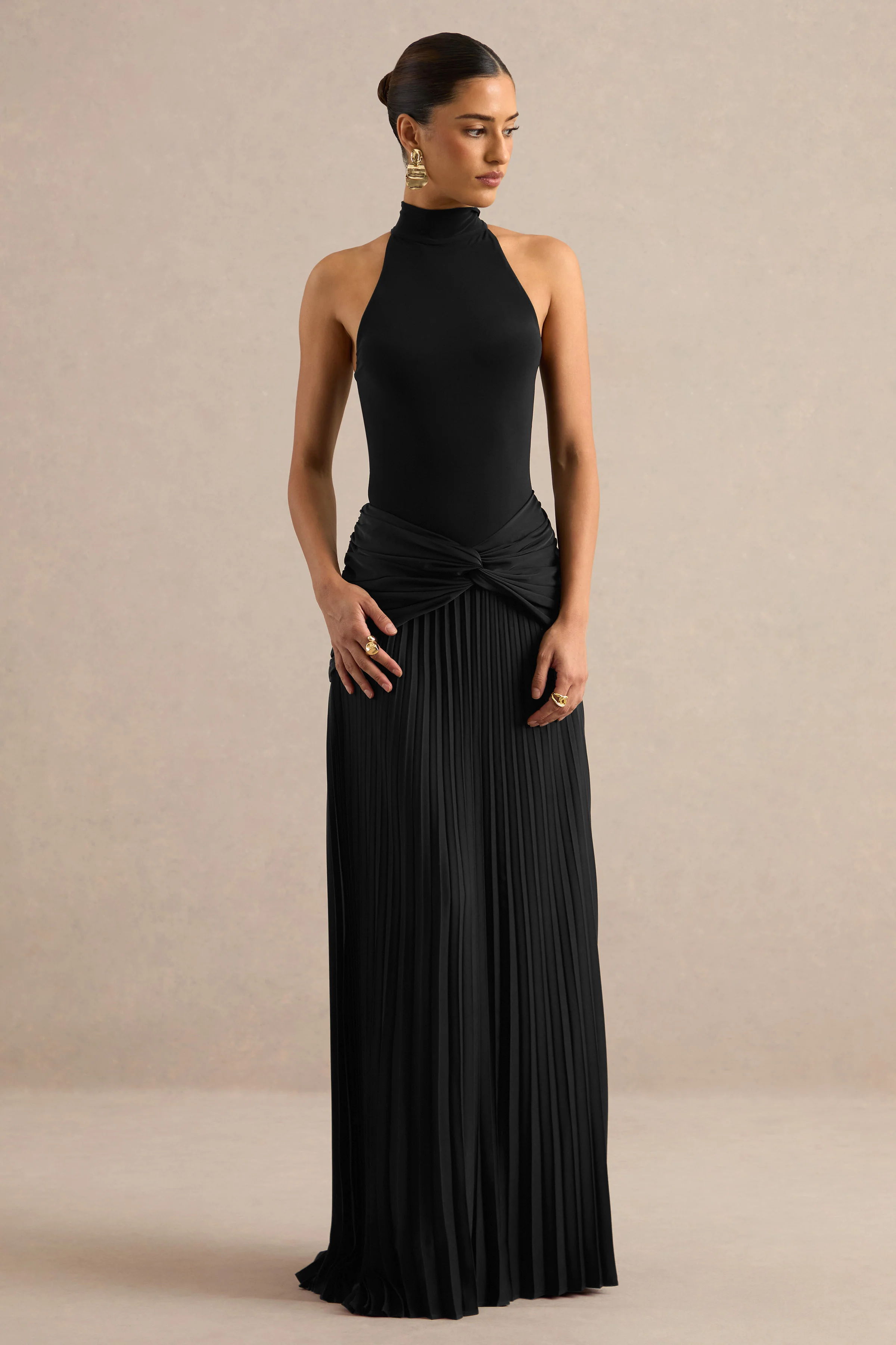 Galisse | Black Satin Mid Rise Pleated Maxi Skirt With Twist And Gathered Detailing