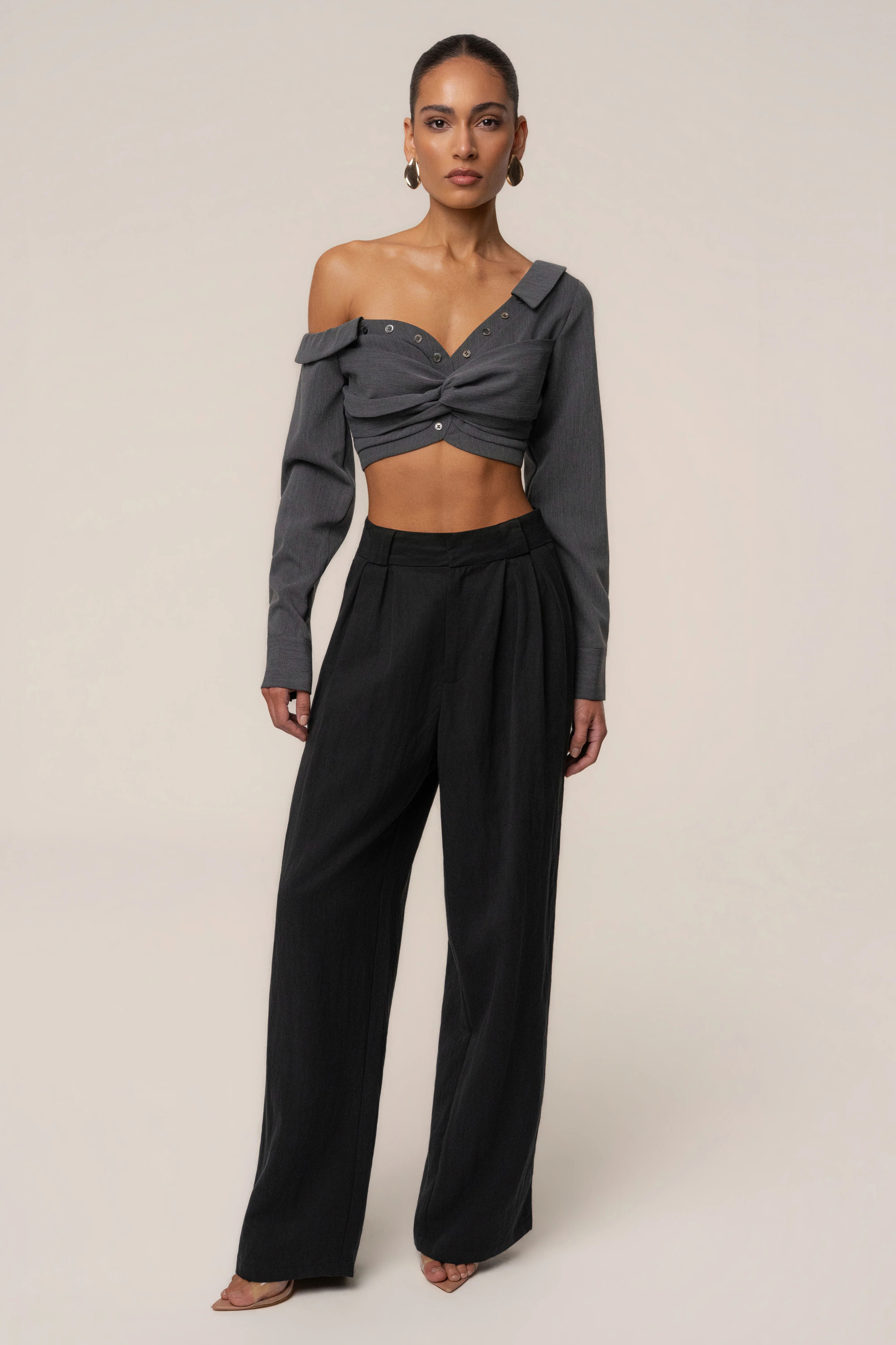 Grey Off-Shoulder Twist Crop Top