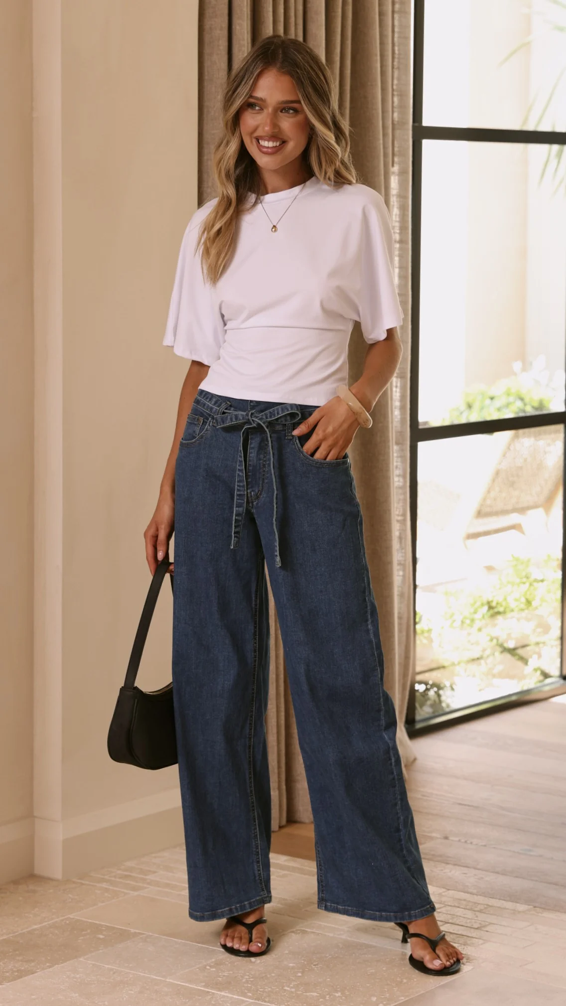 Vicky Tie Waist Straight Leg Jeans - Dark Wash