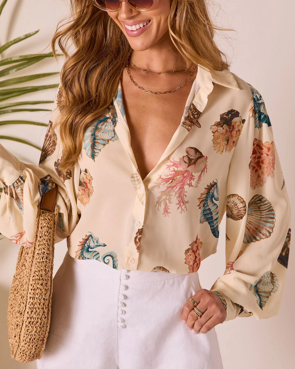 Ocean Whisper Sea Life Print Button Up Top