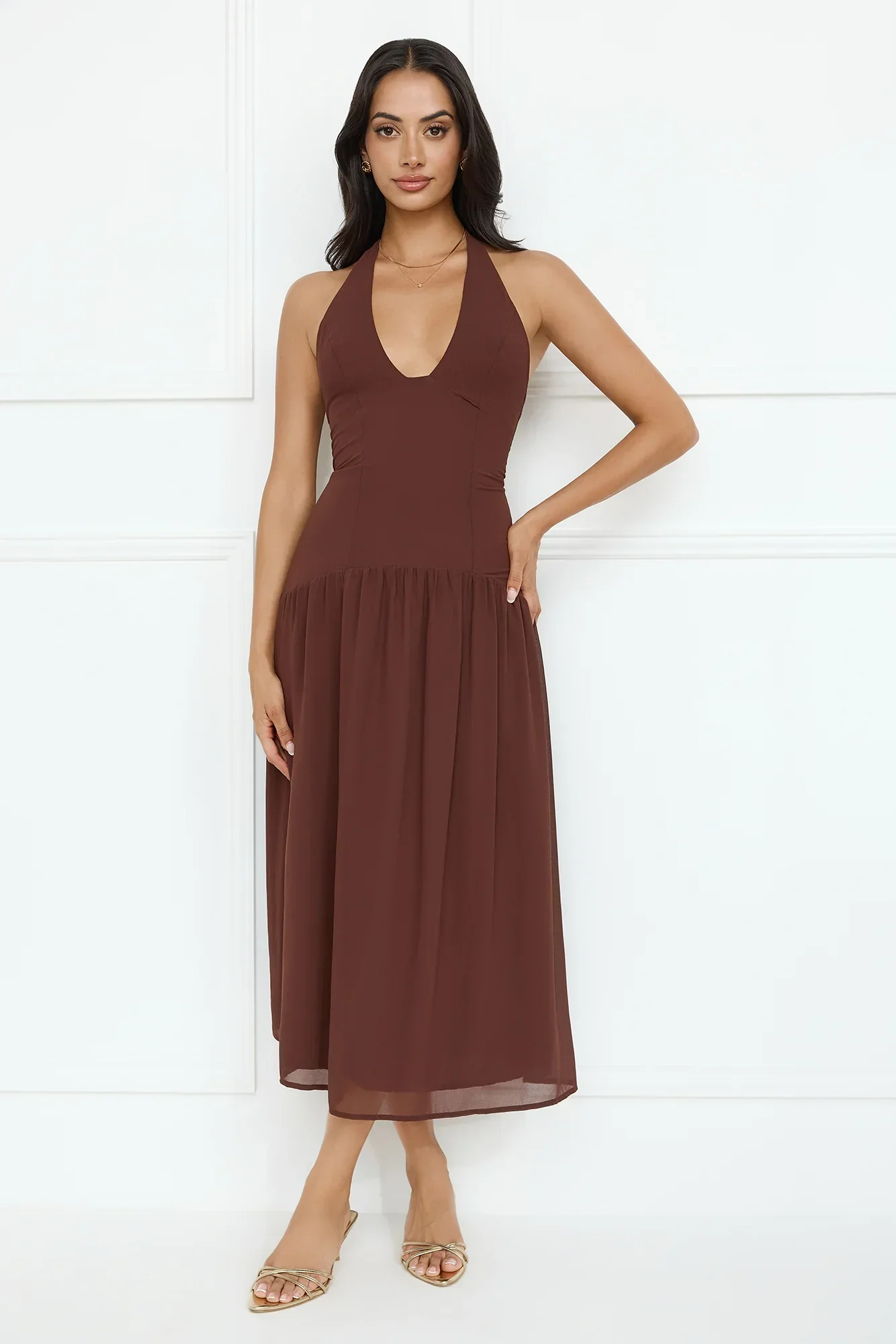 Sassy Style Halter Midi Dress Brown