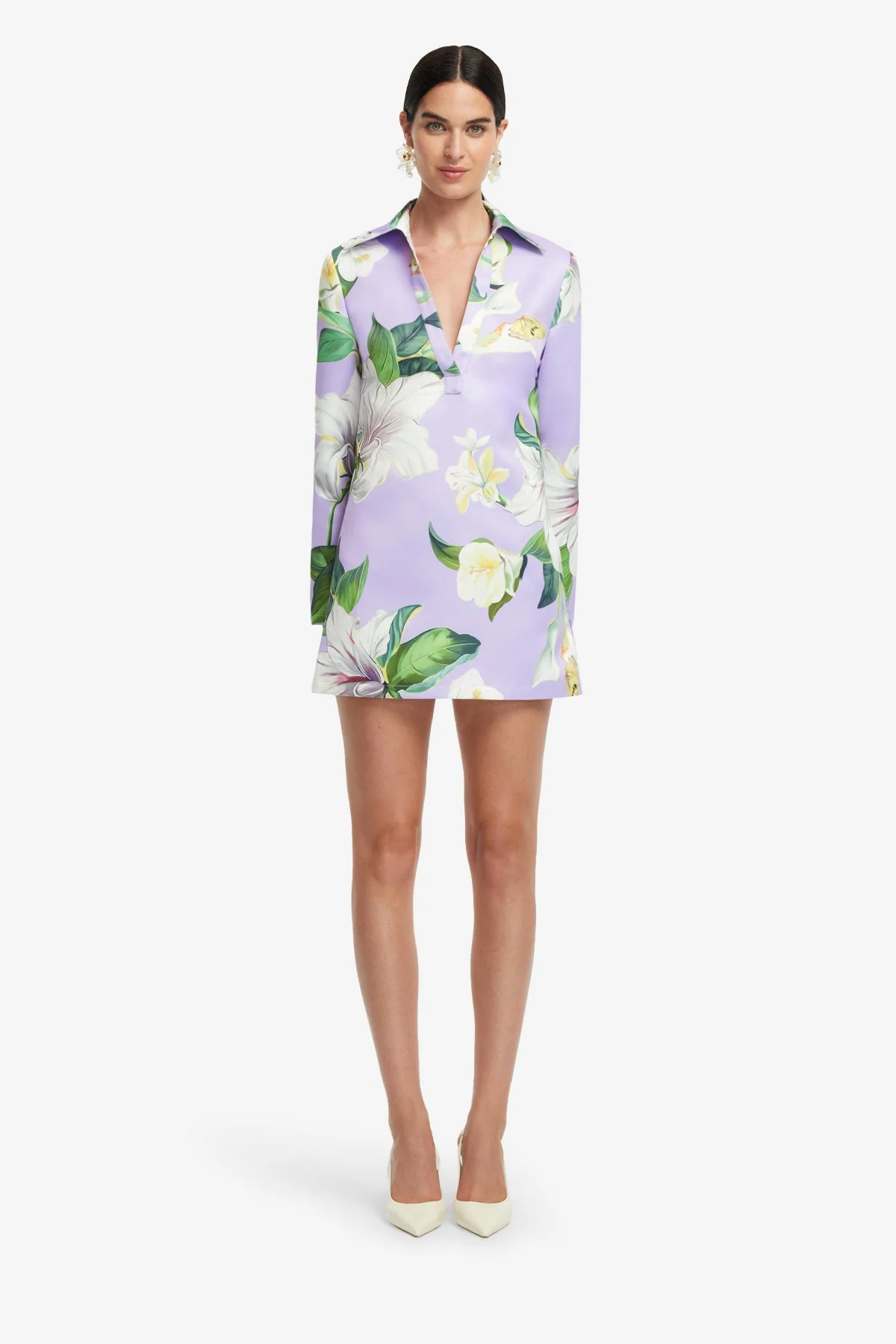 Acacia Shirt Mini Dress - Lily Blossom Print in Lilac