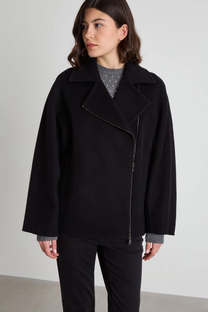 Wool double cloth pea coat - BLACK