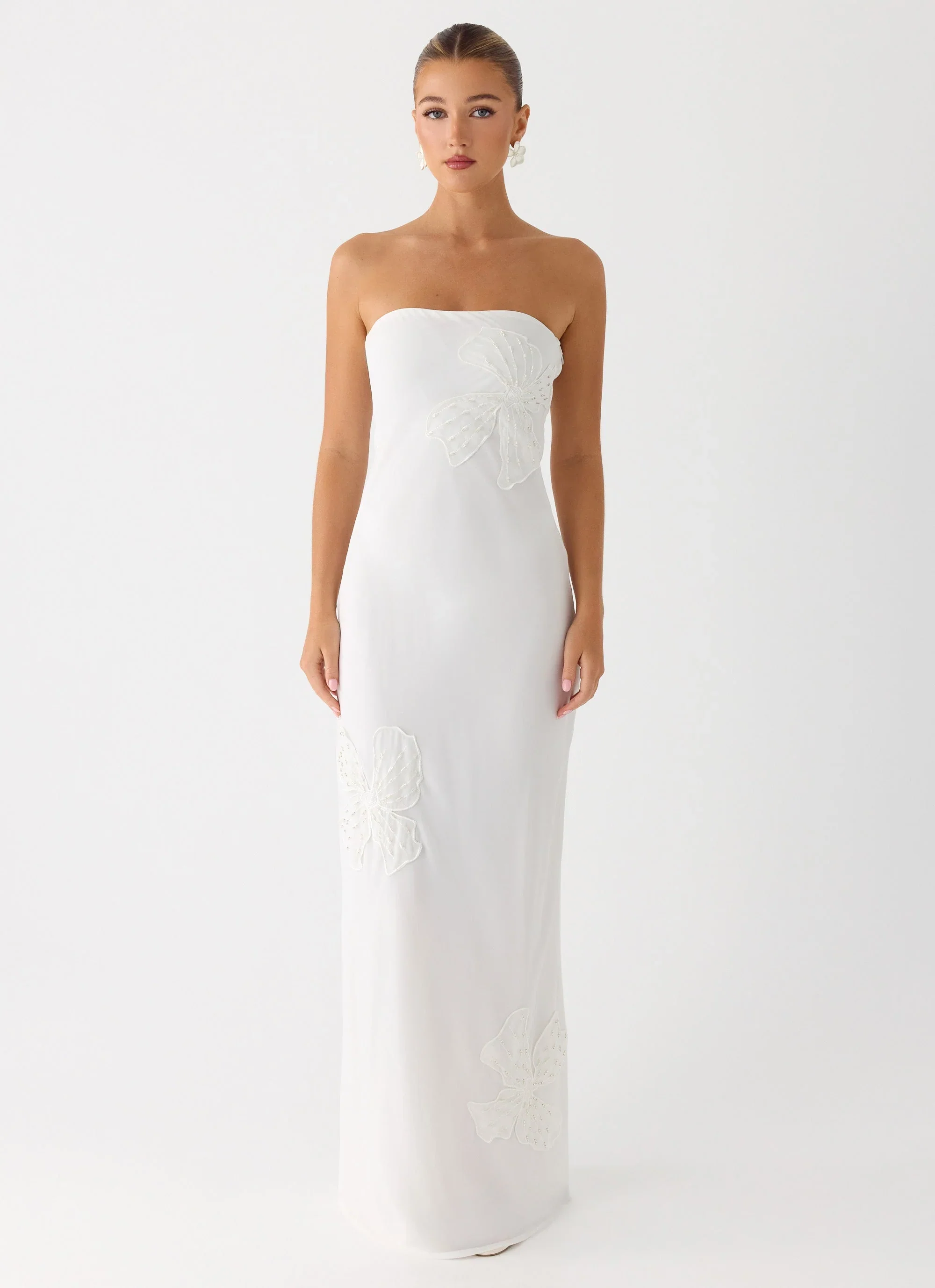 Sassafras Beaded Flower Strapless Maxi Dress - White