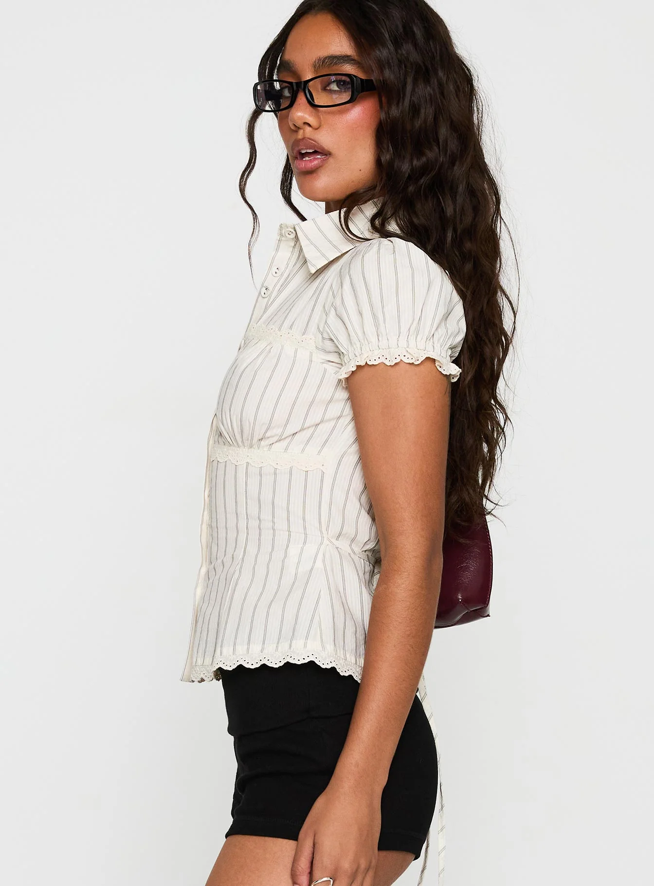 Deserve You Puff Sleeve Button Front Top Cream Stripe Petite