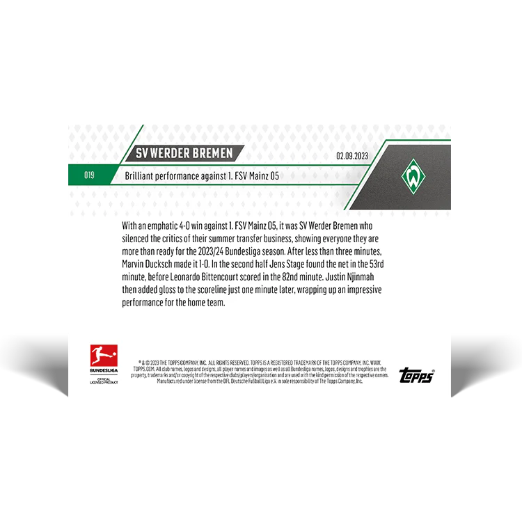 Topps UK - SV Werder Bremen - Brilliant performance against 1. FSV Mainz 05 - Bundesliga TOPPS NOW® Card #19